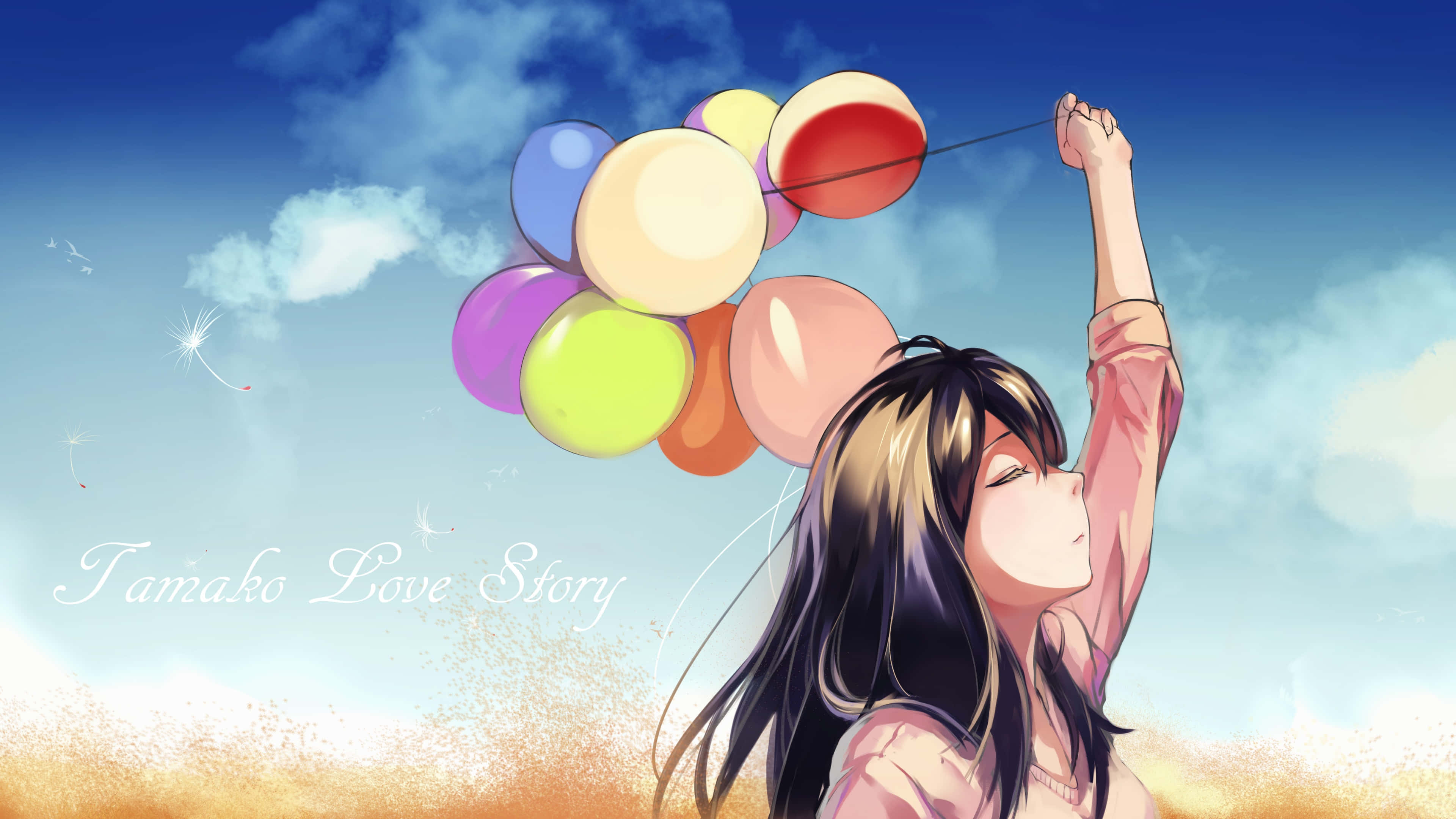 Love Story 桌布 壁紙 — 一位年輕的動漫女孩，長長的黑髮，在藍天白雲和蒲公英的背景下，拿著一束彩色氣球。