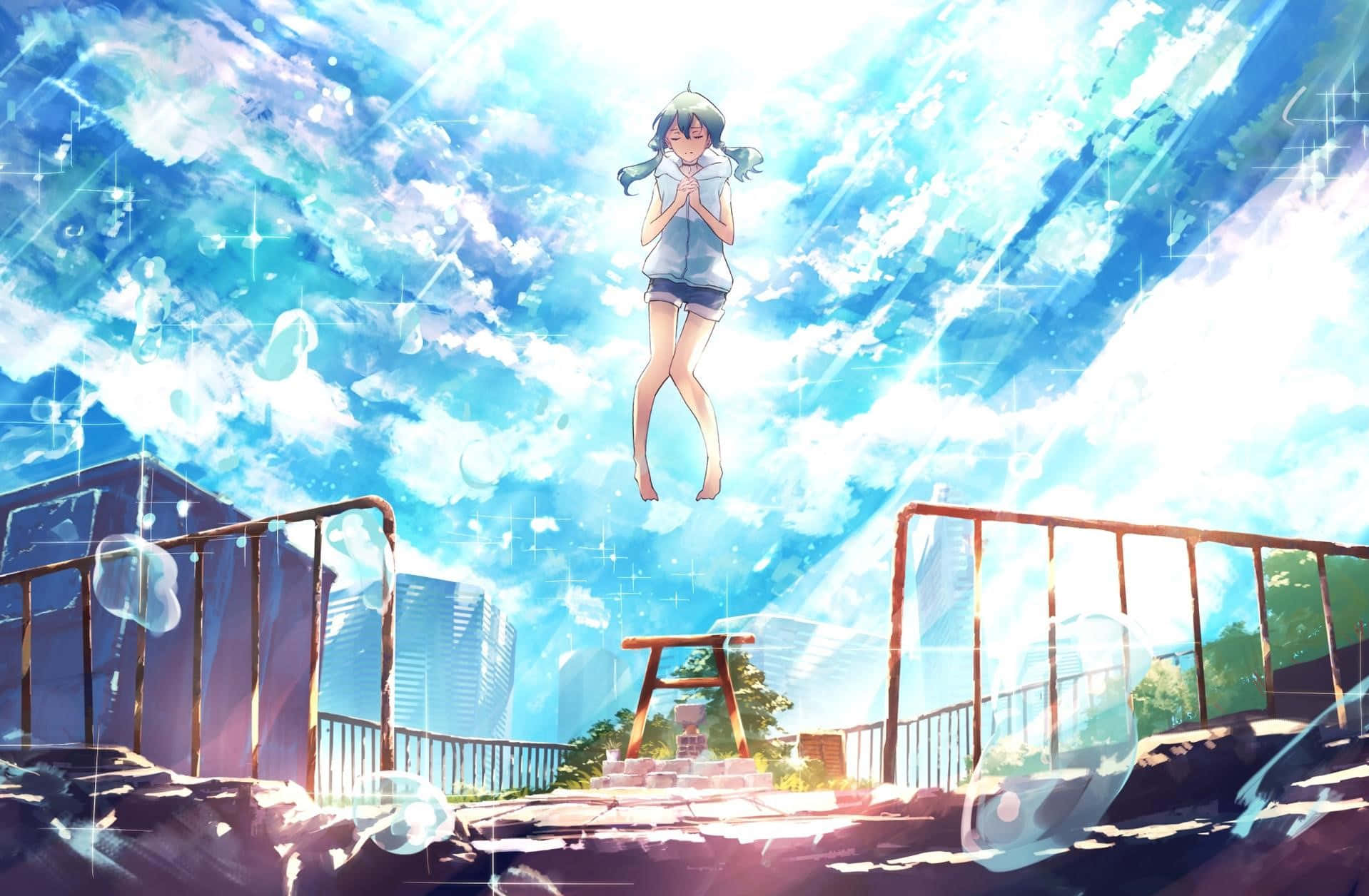 Weathering With You 桌布 壁紙 — 一位年輕的動漫女孩在充滿閃爍光線的鮮豔藍天下，平靜地漂浮在城市景觀之上。