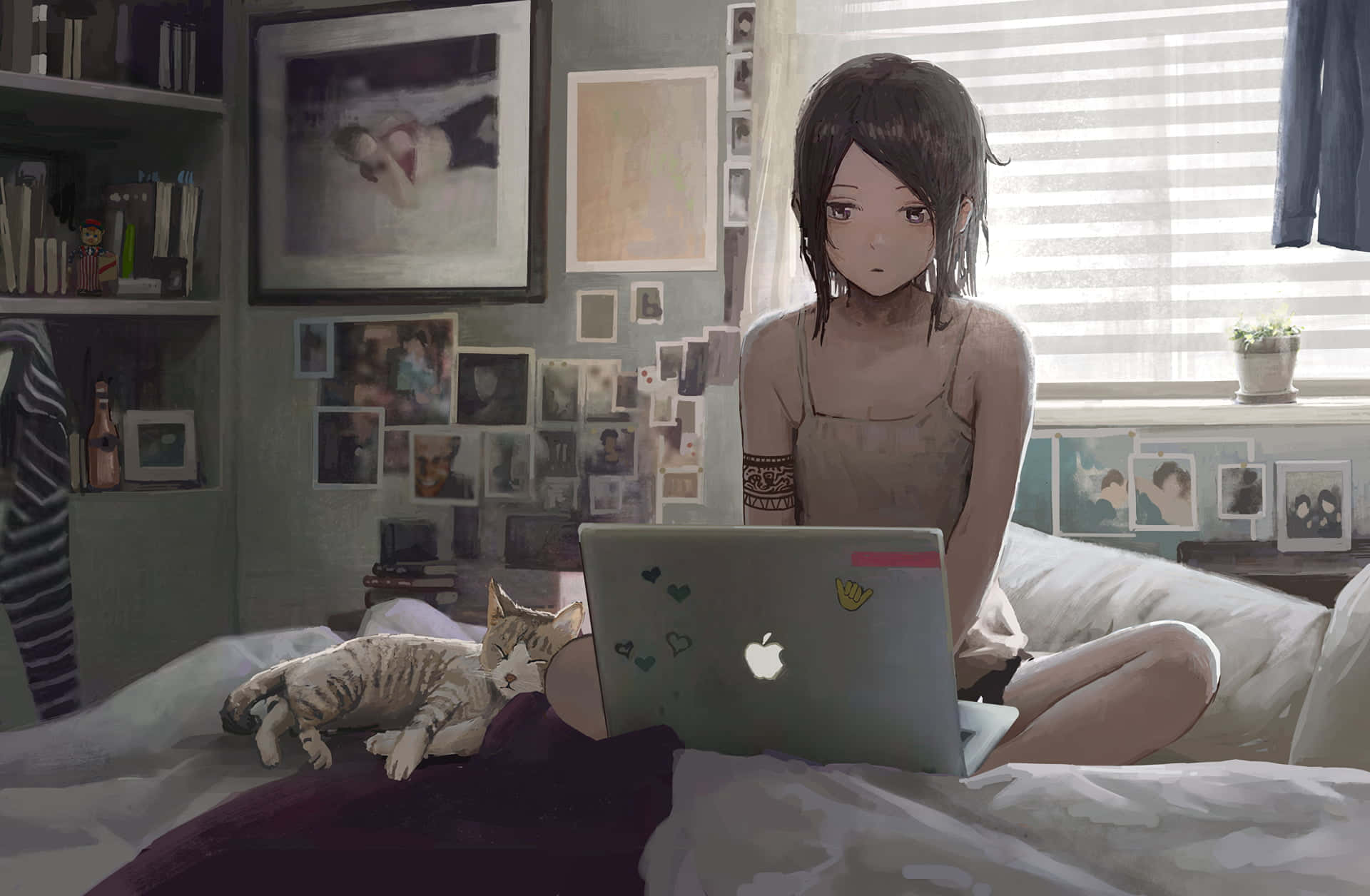 Home Entertainment 桌布 壁紙 — 一位年輕的動漫女孩坐在床上，旁邊有一隻貓，在一個充滿照片和書籍的舒適房間裡使用筆記本電腦。
