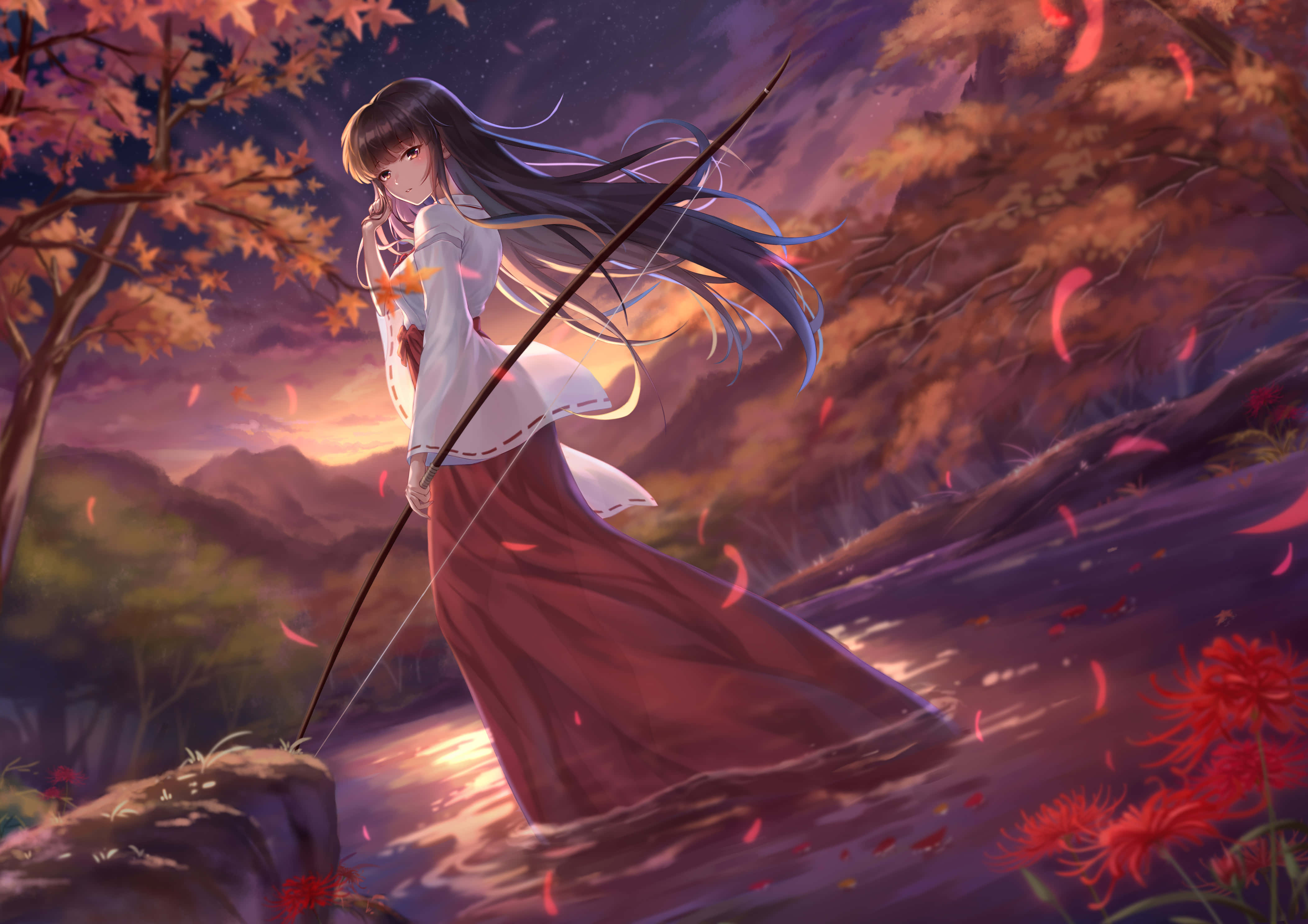 Kikyo 桌布 壁紙 — 一位年輕的動漫女孩留著長長的黑髮，站在暮色森林中，手持弓箭，深紅色的樹葉在她周圍飄落。