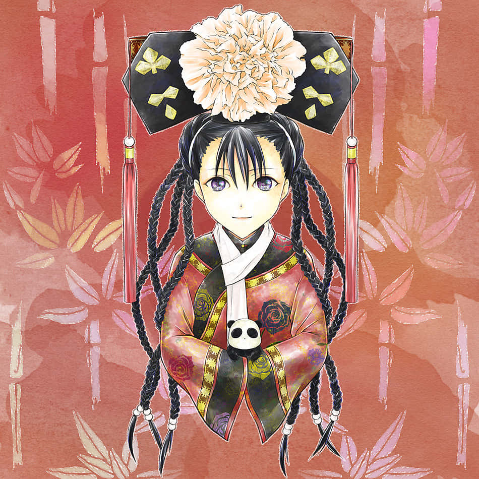 May Chang 桌布 壁紙 — 一位年輕的動漫女孩穿著傳統中國服飾，辮子頭髮和花卉頭飾，在暖色調圖案背景前抱著熊貓毛絨玩具。