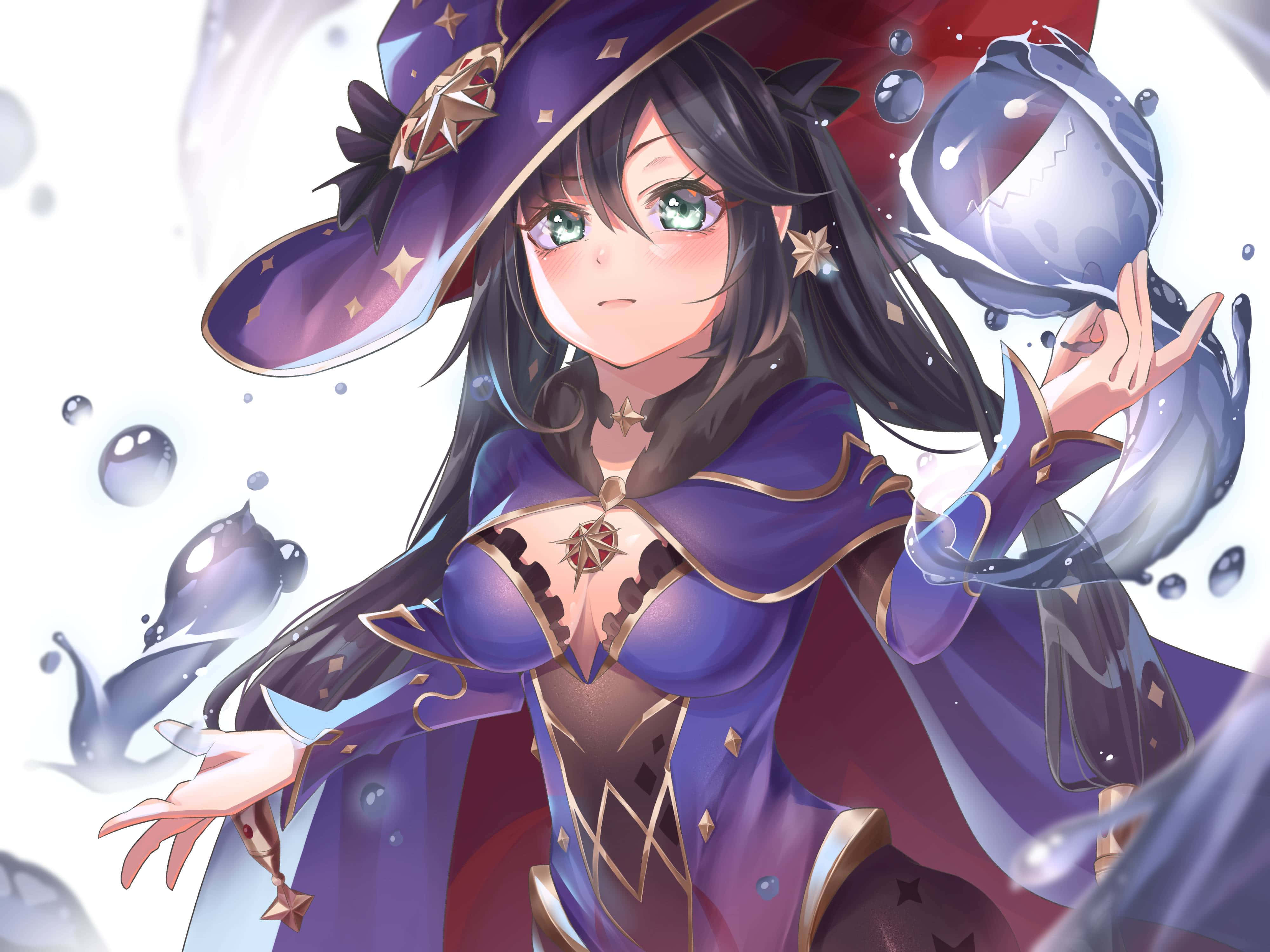 Genshin Impact Mona 桌布 壁紙 — 一位年輕的動漫女巫，身穿紫色帽子和斗篷，手持一顆被漂浮氣泡包圍的發光水晶球。