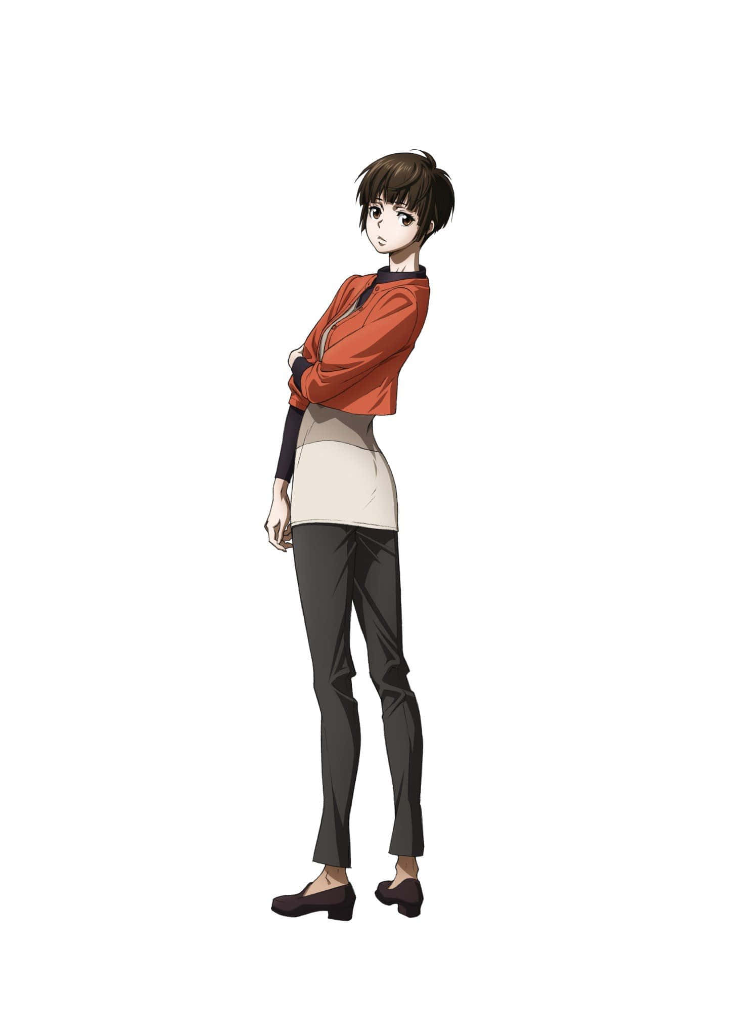 Akane Tsunemori 桌布 壁紙 — 一位年輕的動漫女性，短棕色頭髮，側面站立，穿著橙色外套、米色上衣、深色褲子和棕色鞋子，雙臂交叉，背景為純白色。
