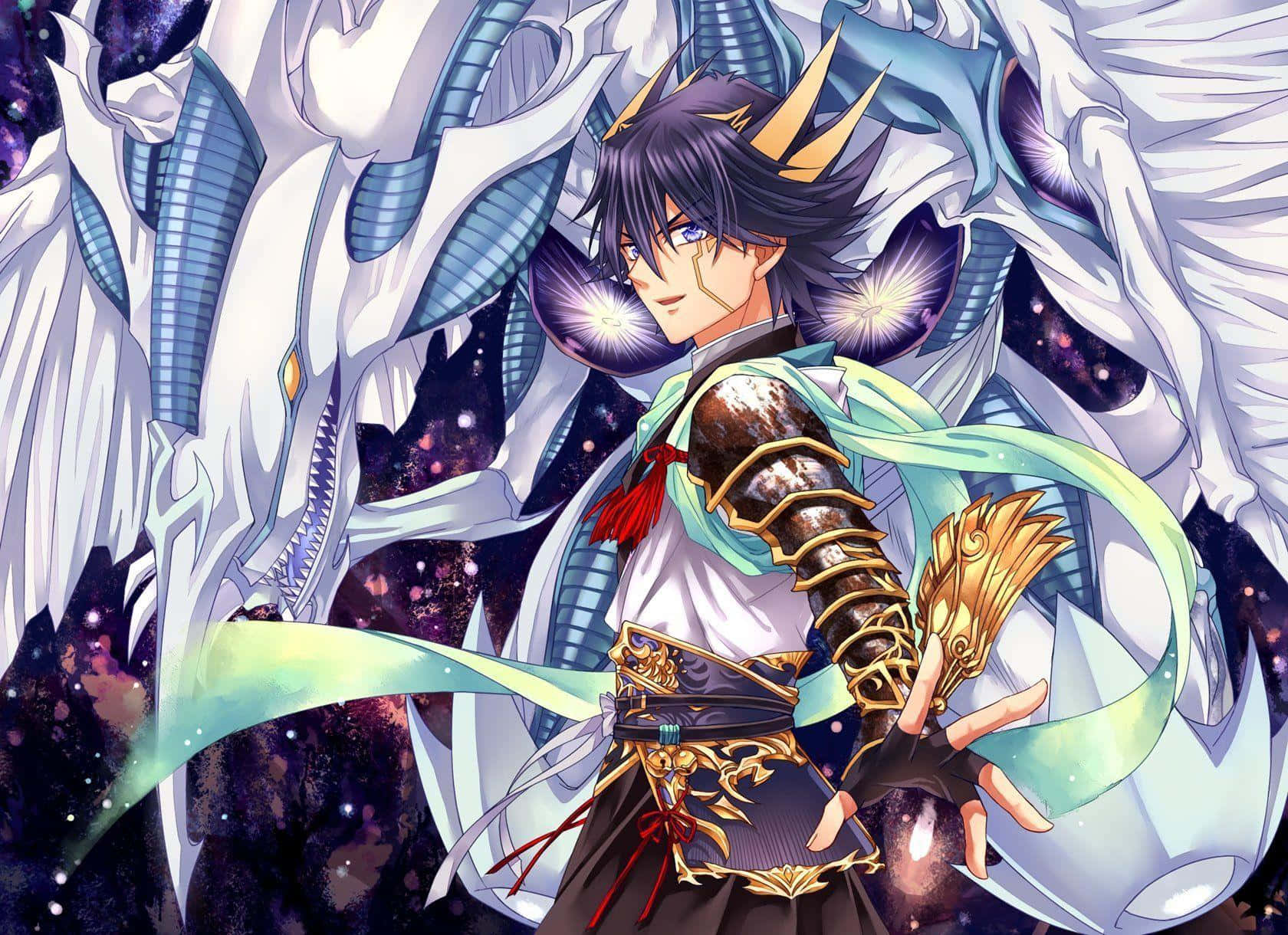 Yusei Fudo 桌布 壁紙 — 一位年輕的動漫戰士，深色頭髮，戴著金色皇冠，自信地站在一頭雄偉的白龍旁邊，背景是宇宙星空。