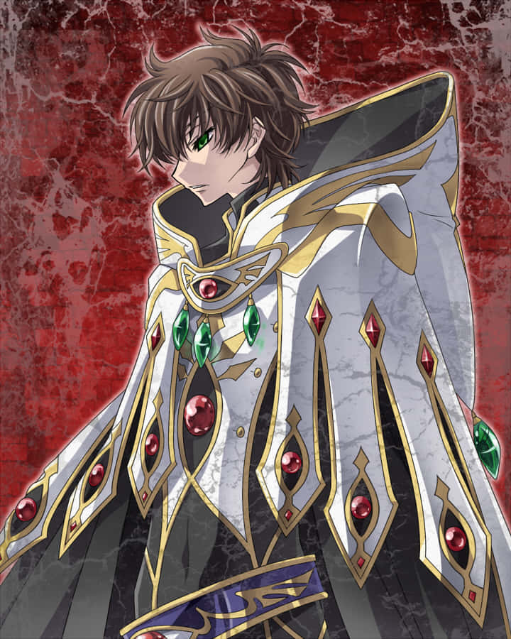 Suzaku Kururugi 桌布 壁紙 — 一位年輕的動漫戰士身穿華麗的白金寶石鎧甲，站在裂開的紅色背景前。