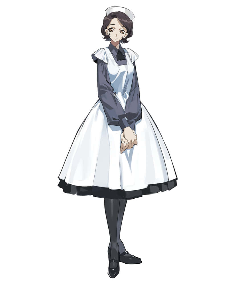Sayoko Shinozaki 桌布 壁紙 — 一位年輕的動漫護士，身穿白色圍裙和帽子，雙手合十，以乾淨的數位藝術呈現在純白背景上。