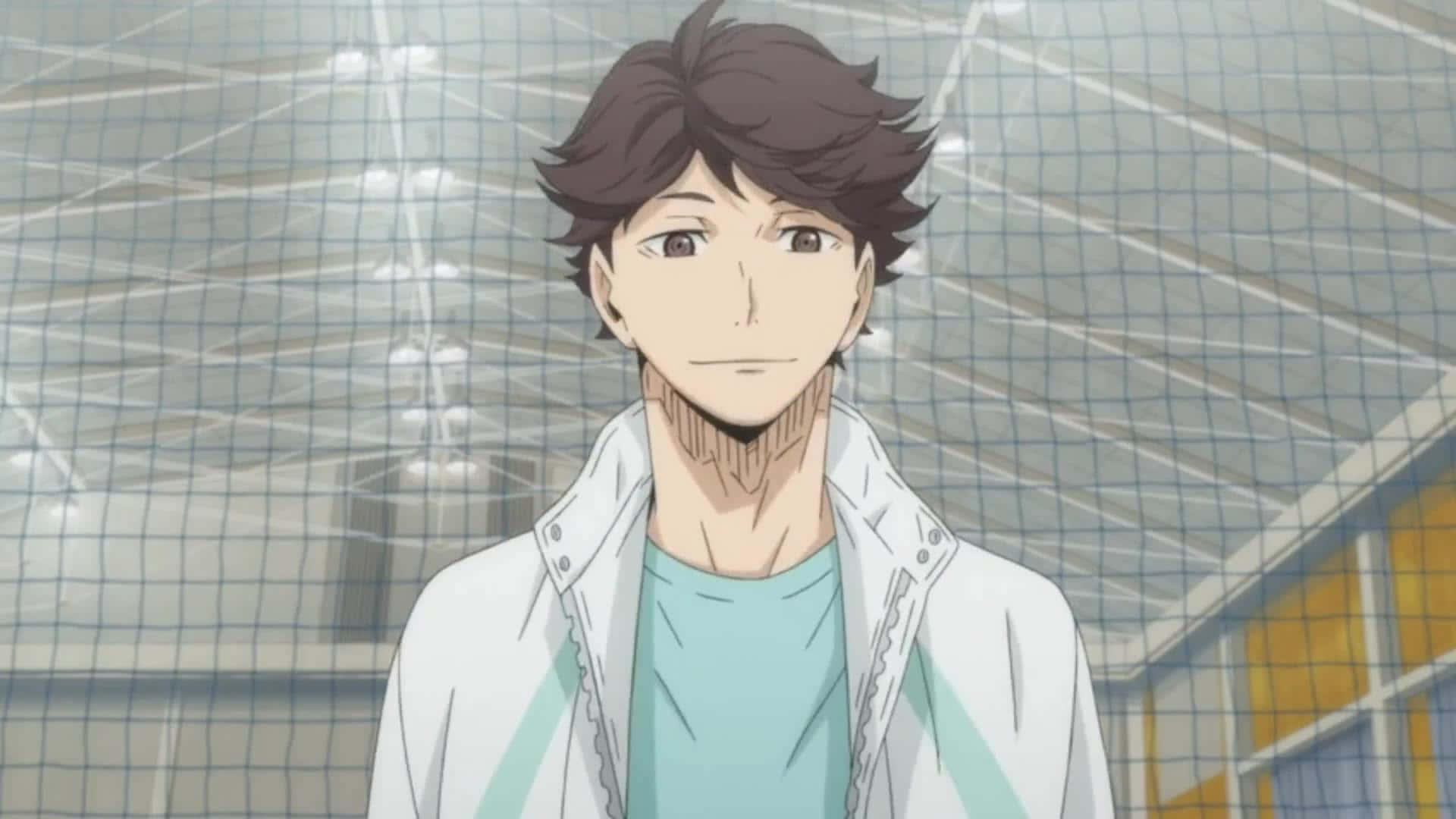 Haikyuu Captains 桌布 壁紙 — 一位年輕的動畫男性，棕色頭髮，表情平靜，站在排球館內，身穿白色外套，內搭青綠色襯衫。