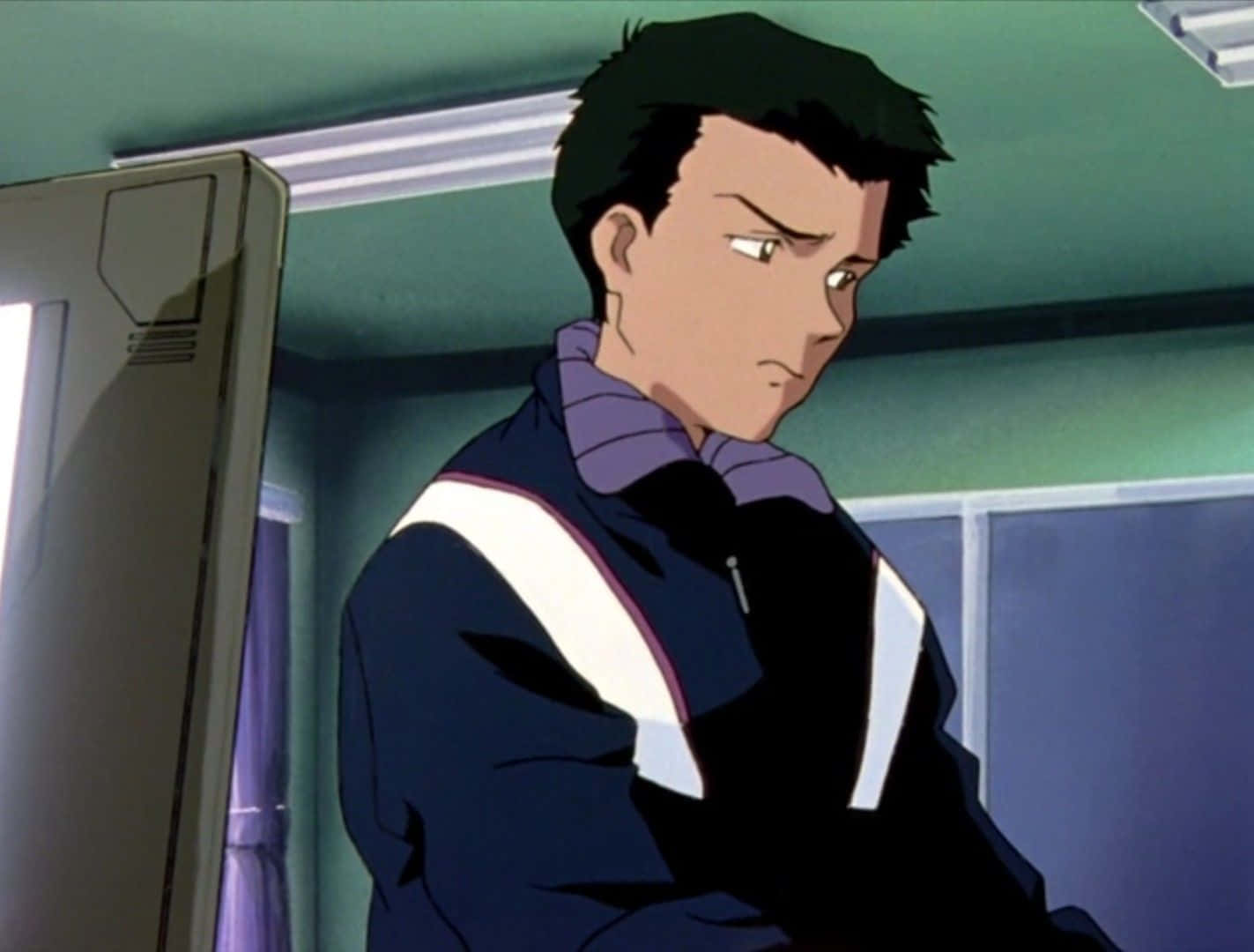 Toji Suzuhara 桌布 壁紙 — 一位年輕的動畫男性，深色頭髮，表情堅定，在室內螢光燈下穿著帶有白色條紋的深藍色外套。