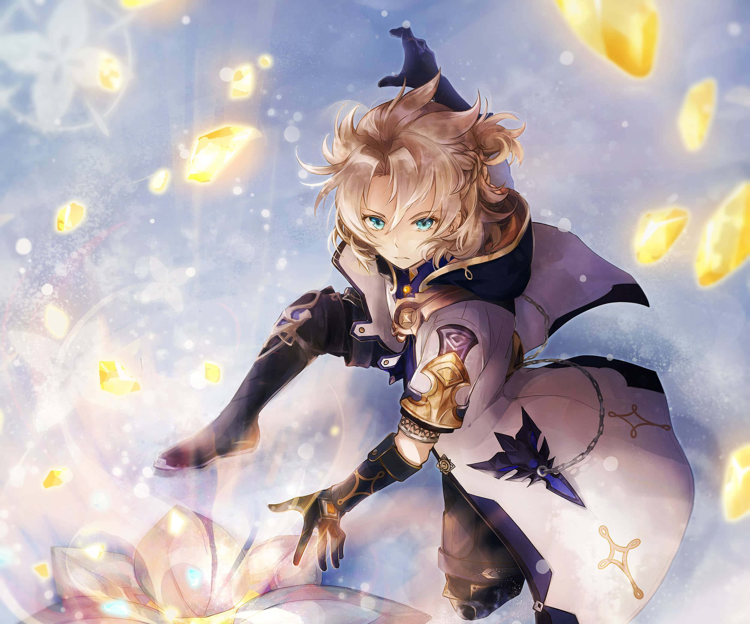 Genshin Impact Albedo 桌布 壁紙 — 一位年輕的動畫魔法師，金髮藍眼，在夢幻的天空中漂浮於發光的金色水晶之間。