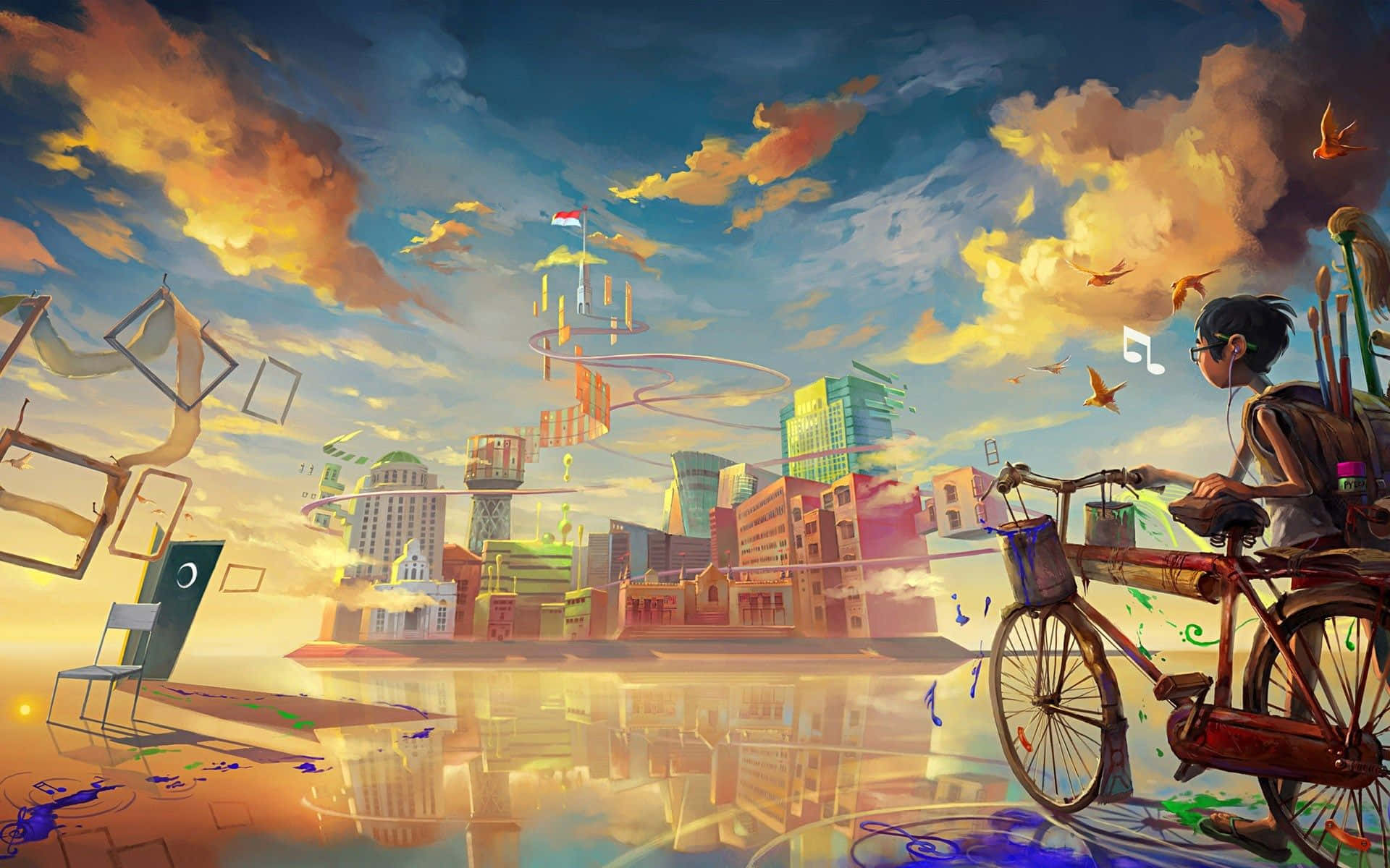 Visual Art 桌布 壁紙 — 一位年輕的單車手在日落時分騎行穿過超現實的浮動城市景觀，周圍環繞著鮮豔的雲彩和旋轉的音樂符號。
