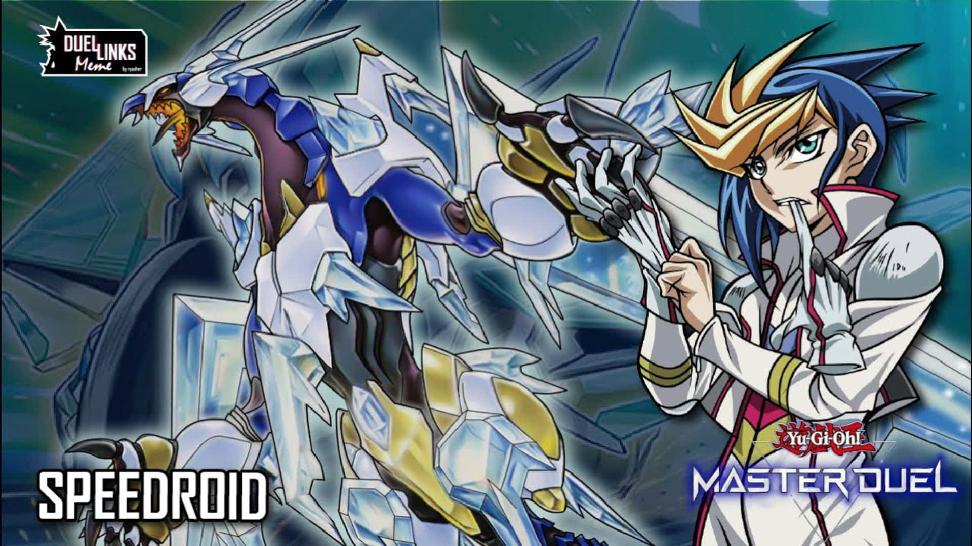 Yu-gi-oh Yugo 桌布 壁紙 — 一位年輕的決鬥者，擁有尖刺的藍色和金色頭髮，揮舞著發光的卡片對抗水晶龍，在一個動態的動畫戰鬥場景中。