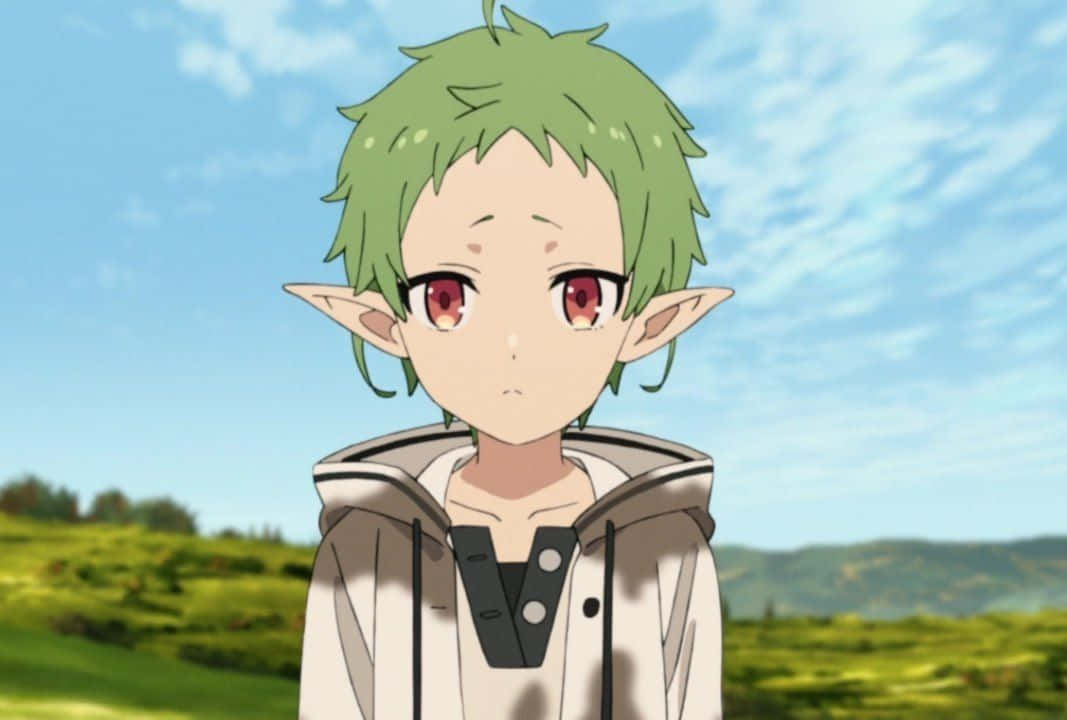 Mushoku Tensei 桌布 壁紙 — 一位年輕的精靈，擁有綠色頭髮和紅色眼睛，站在陽光明媚的田野中，藍天白雲點綴其間。