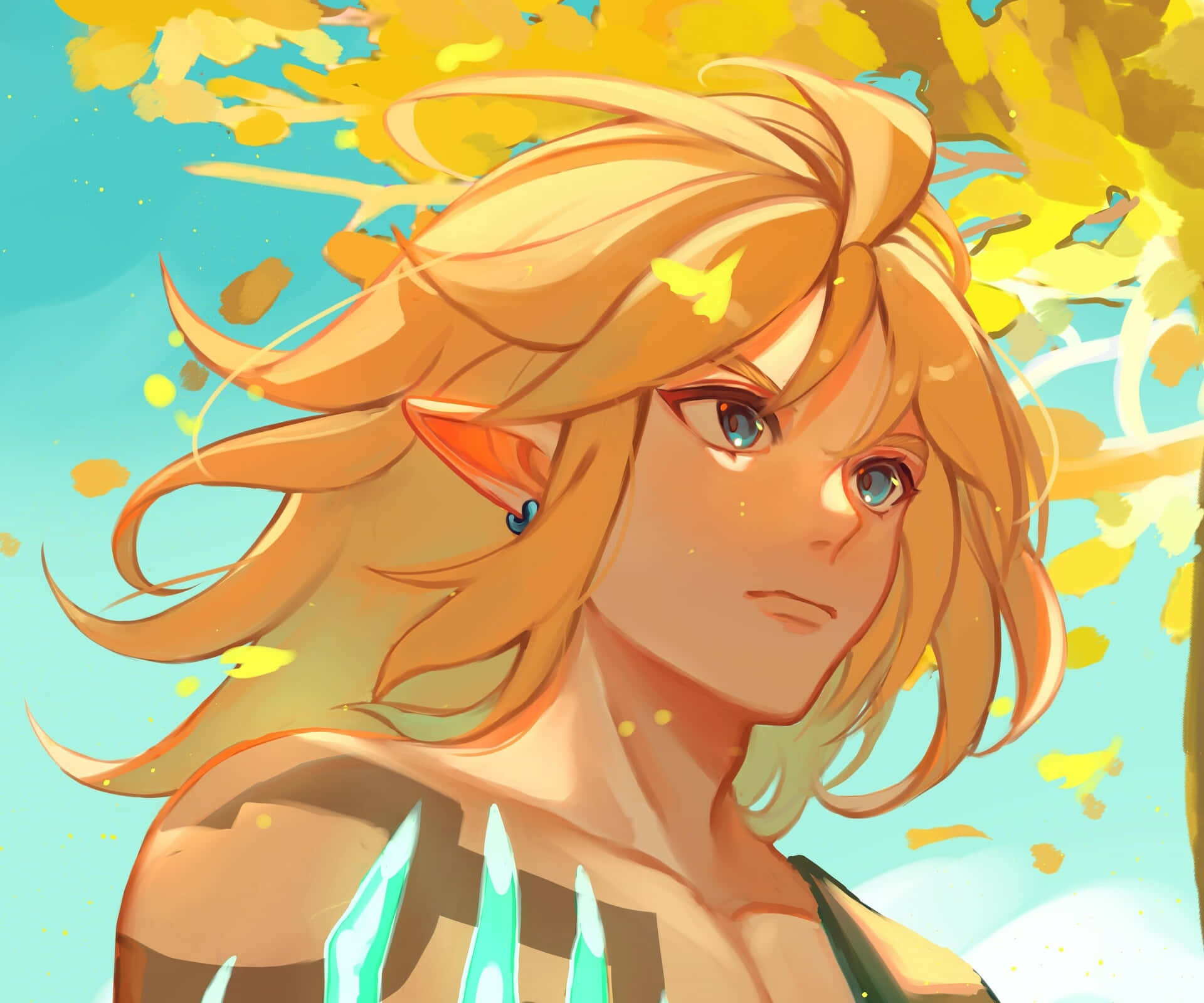 The Legend Of Zelda Tears Of The Kingdom 桌布 壁紙 — 一位年輕的精靈，擁有飄逸的金色長髮和藍色眼睛，在明亮的青色天空下，於秋葉雨中若有所思地凝視。
