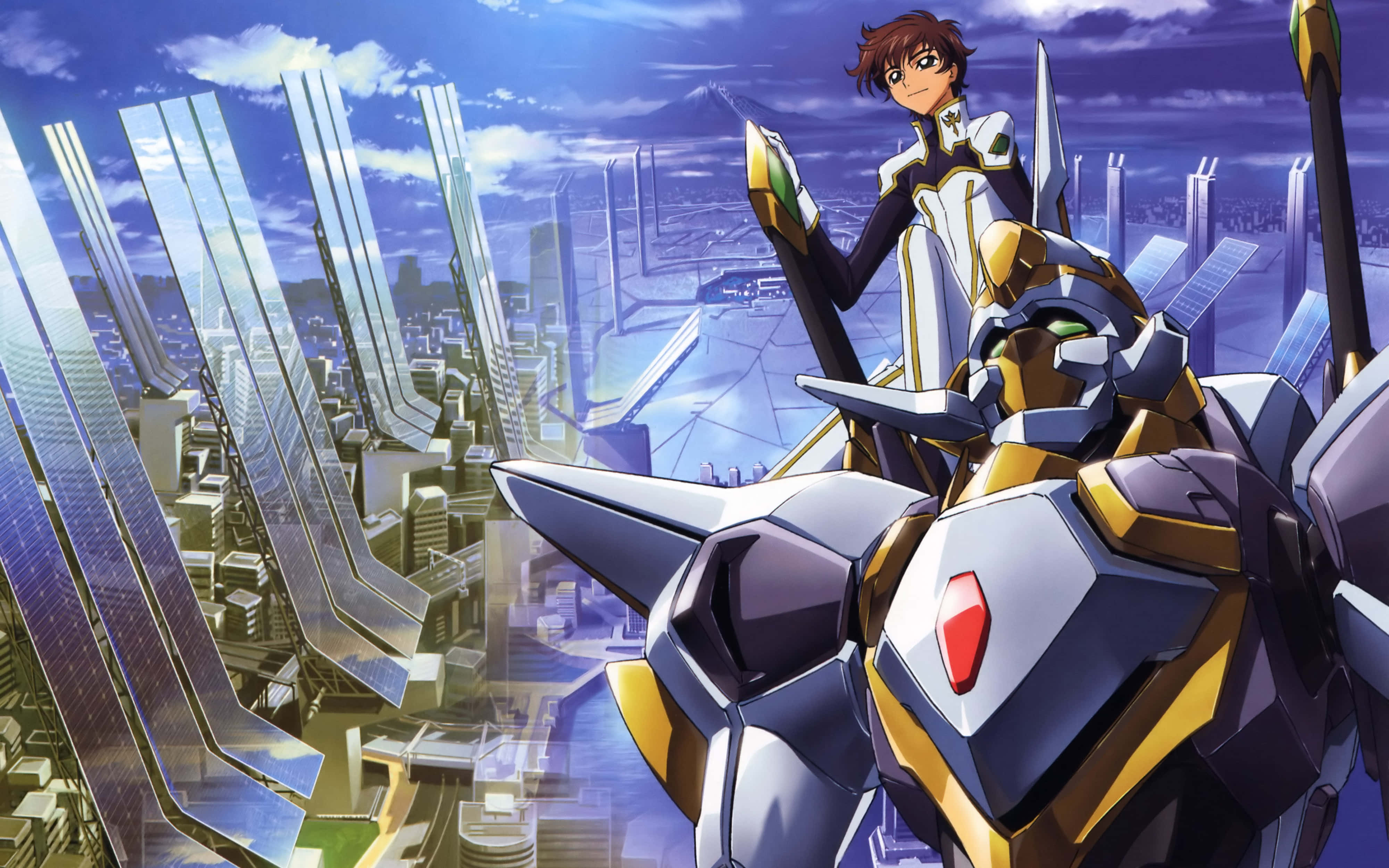 Suzaku Kururugi 桌布 壁紙 — 一位年輕的飛行員站在金色和銀色的機甲頂端，俯瞰著充滿活力的藍天下未來主義的城市景觀。