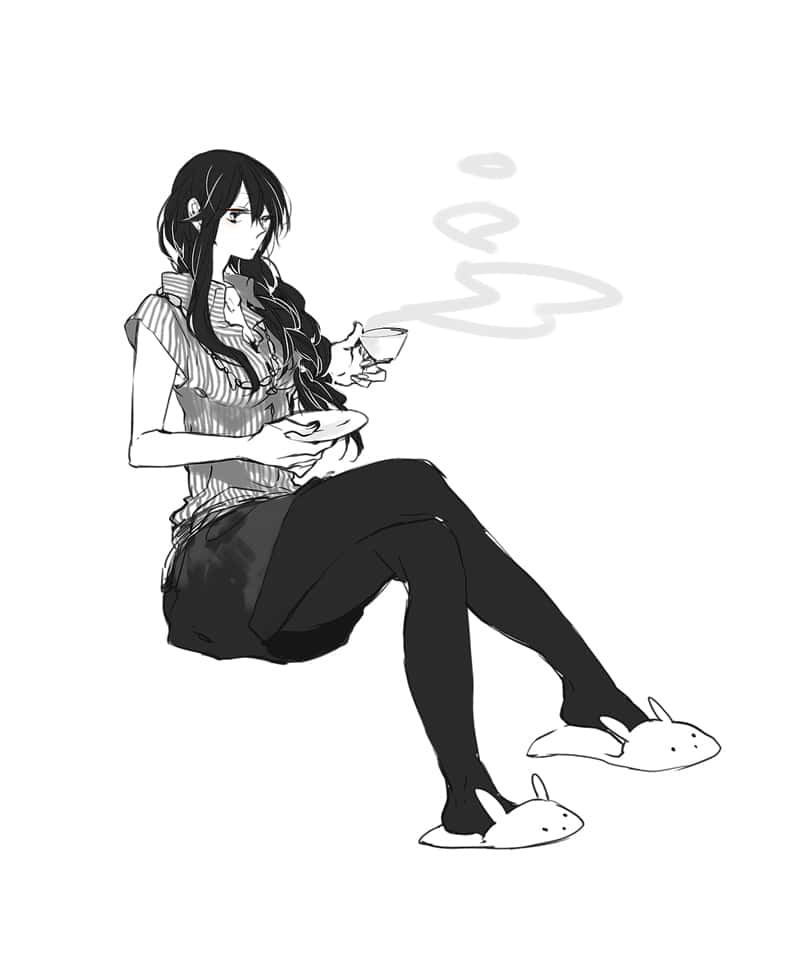 Namie Yagiri 桌布 壁紙 — 一位年輕的黑長直女性盤腿而坐，喝著一杯冒著熱氣的茶，腳上穿著兔子拖鞋。