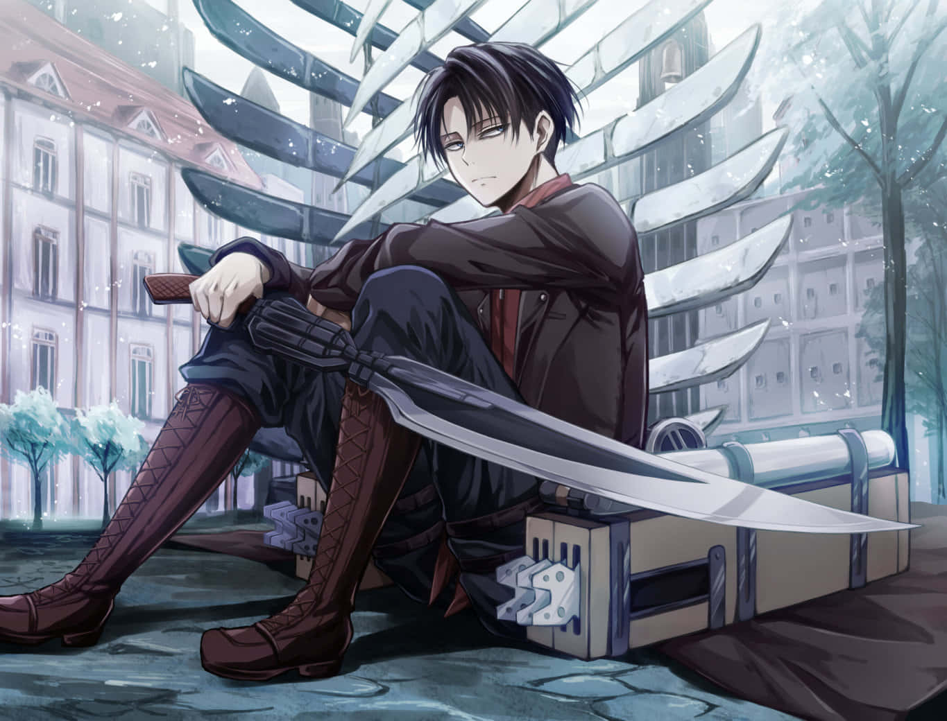 Attack On Titan Season 3 桌布 壁紙 — 一位年輕的黑髮動漫戰士坐在板條箱上，手持巨劍，周圍是雪地城市中的巨大金屬刀片。