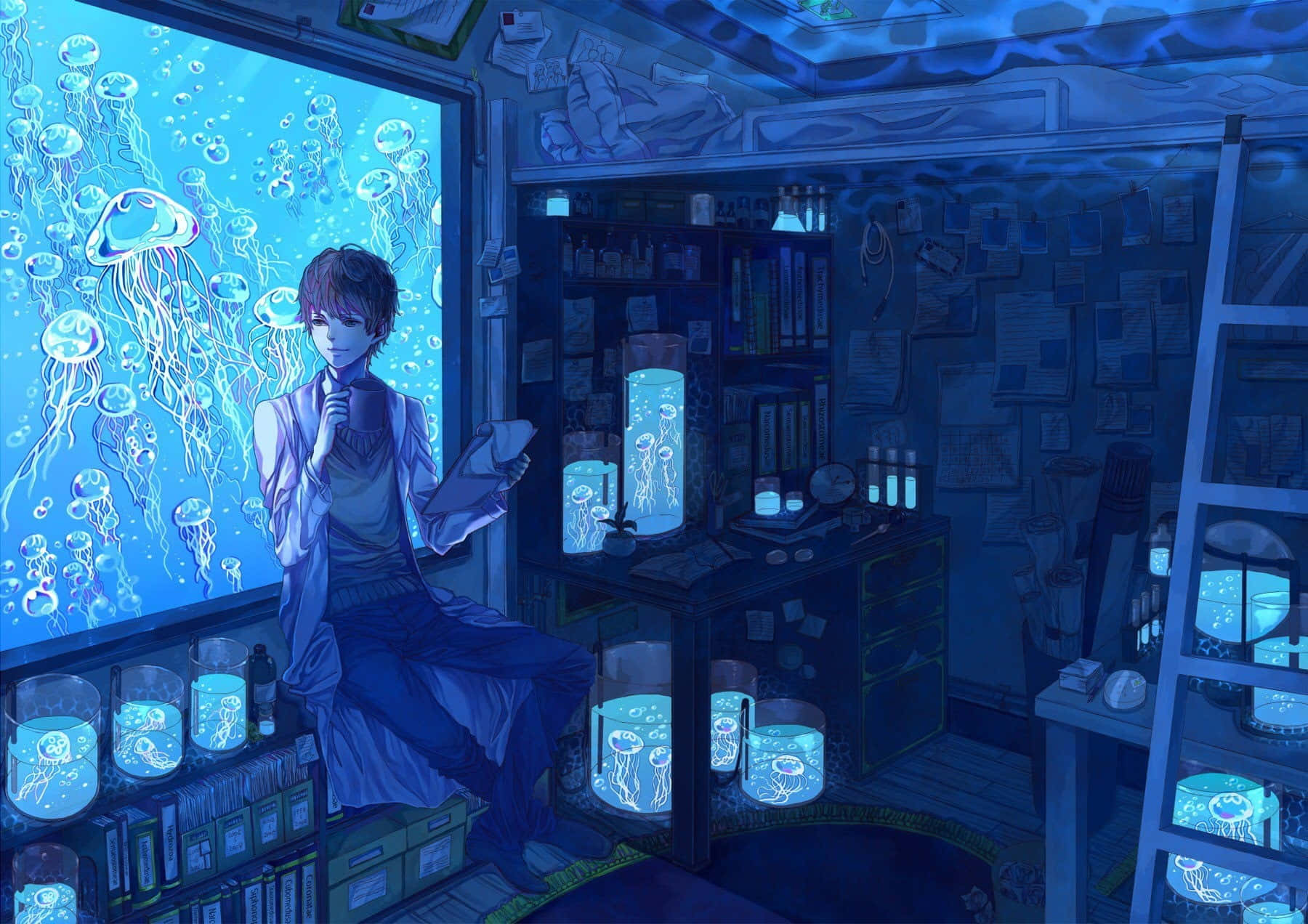 水族箱 桌布 壁紙 — 一位年輕科學家在藍色燈光的實驗室中，被水箱中的發光水母和一個大型水族箱窗戶包圍。