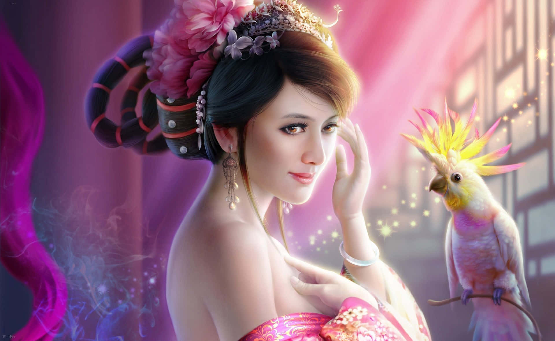 一位年輕美麗女性的肖像 壁紙 — 一位身穿華麗粉紅色服飾、頭戴花冠的美麗女子，在閃爍魔幻的場景中，溫柔地凝視著身旁色彩鮮豔的鳳頭鸚鵡。