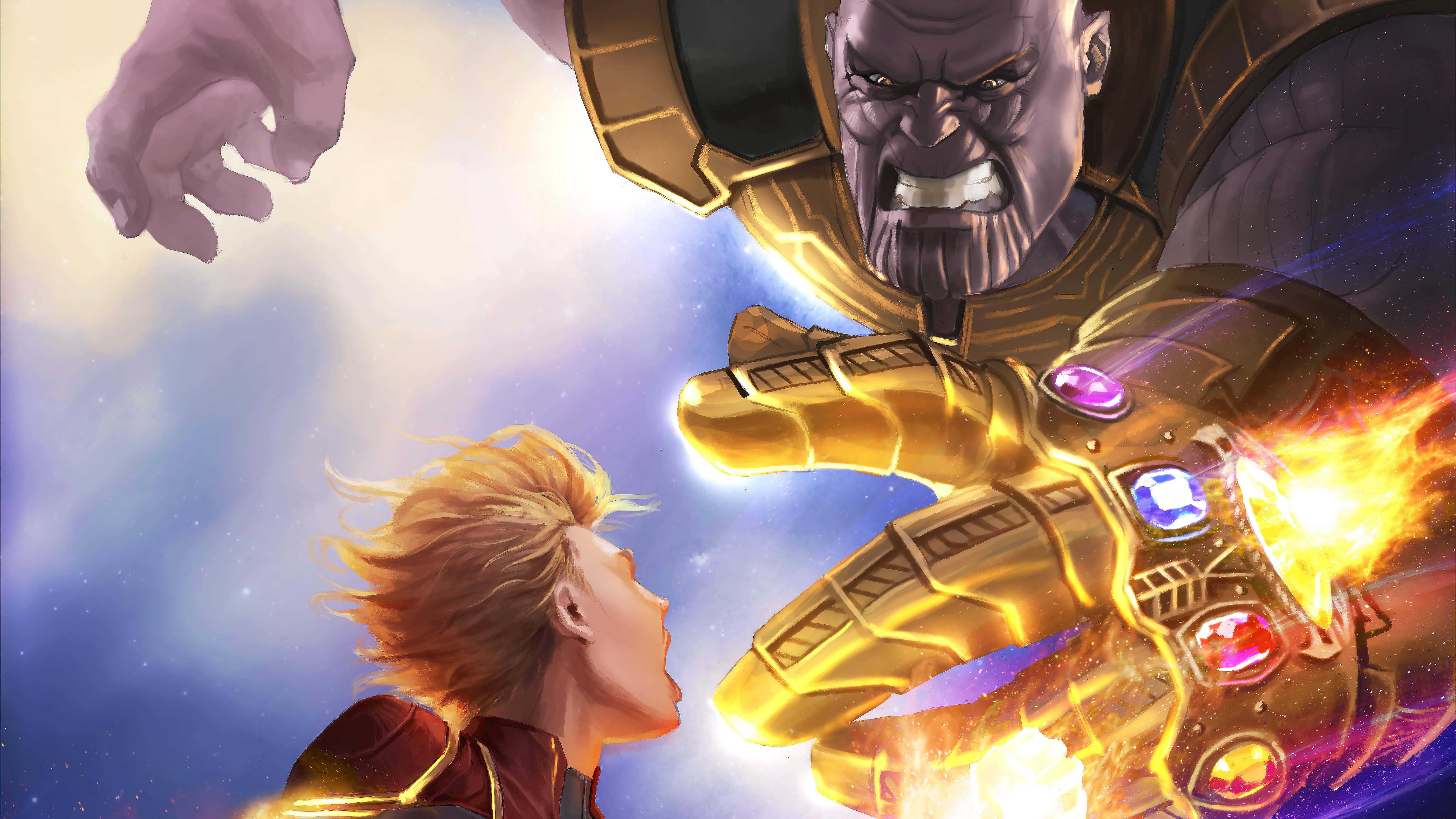 Thanos 桌布 壁紙 — 一位年輕英雄敬畏地仰望高大憤怒的薩諾斯，他正揮舞著發光的無限手套，背景是宇宙。