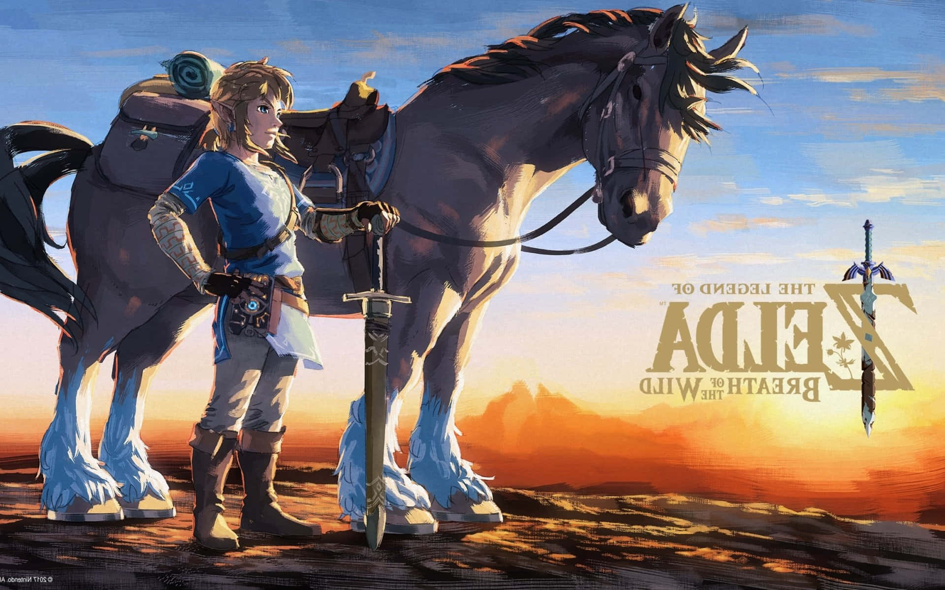 The Legend Of Zelda Epona 桌布 壁紙 — 一位年輕英雄站在一匹雄偉的馬旁邊，手持劍，背景是充滿活力的日落天空，並帶有遊戲標題文字。