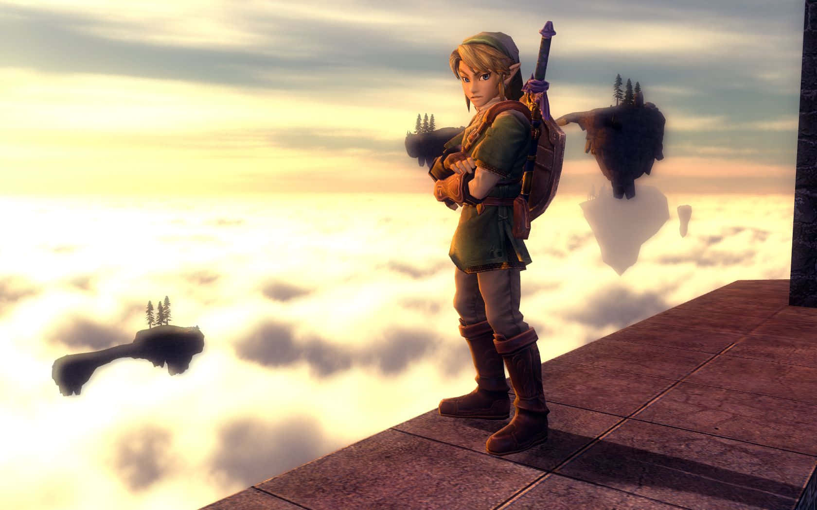 The Legend Of Zelda Skyward Sword 桌布 壁紙 — 一位年輕英雄站在石頭平台上，俯瞰夕陽金色雲層中懸浮的浮島。