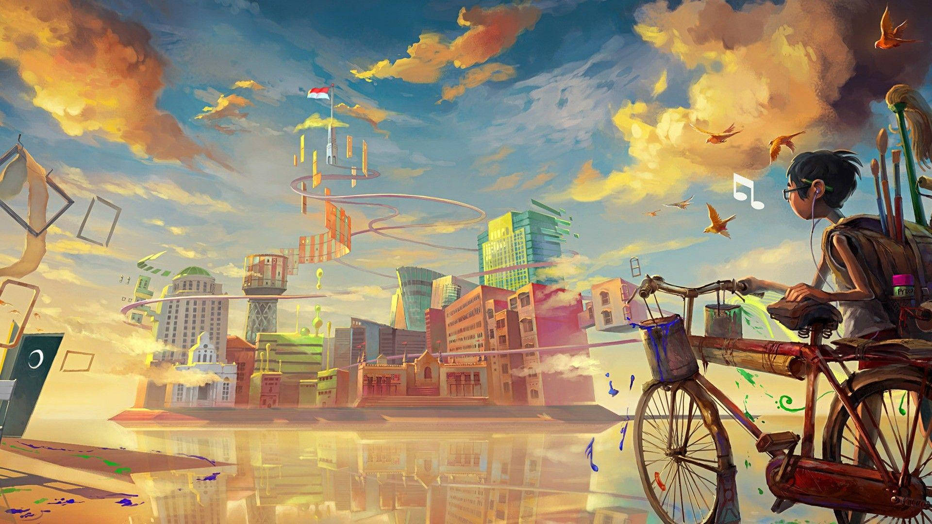 藝術 桌布 壁紙 — 一位年輕藝術家騎著單車穿過超現實的城市景觀，有漂浮的建築物和日落時充滿活力的橙色雲彩。