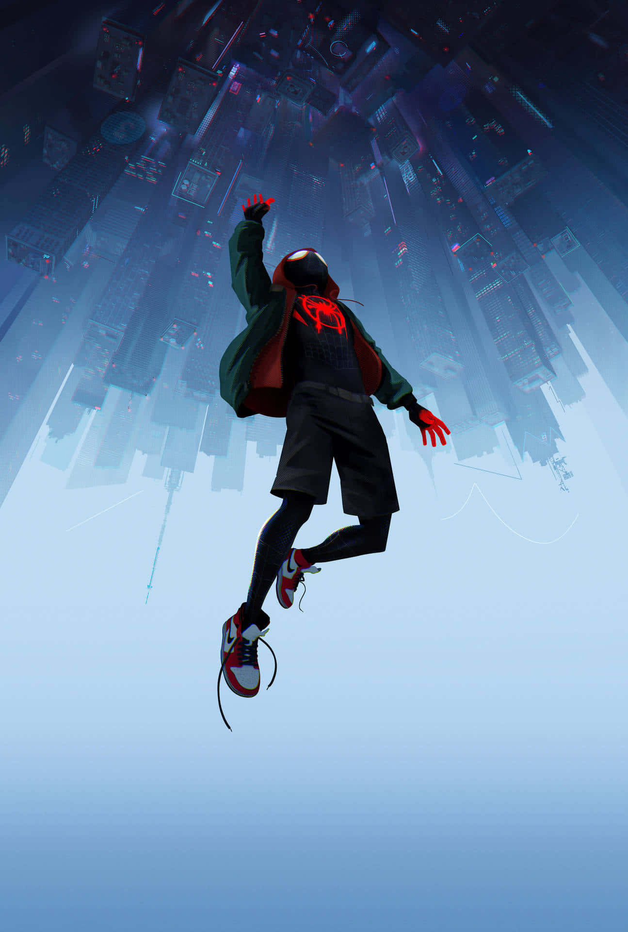 Miles Morales 動漫 桌布 壁紙 — 一位年輕蜘蛛英雄跳躍穿過充滿霓虹燈和摩天大樓的未來城市景觀。