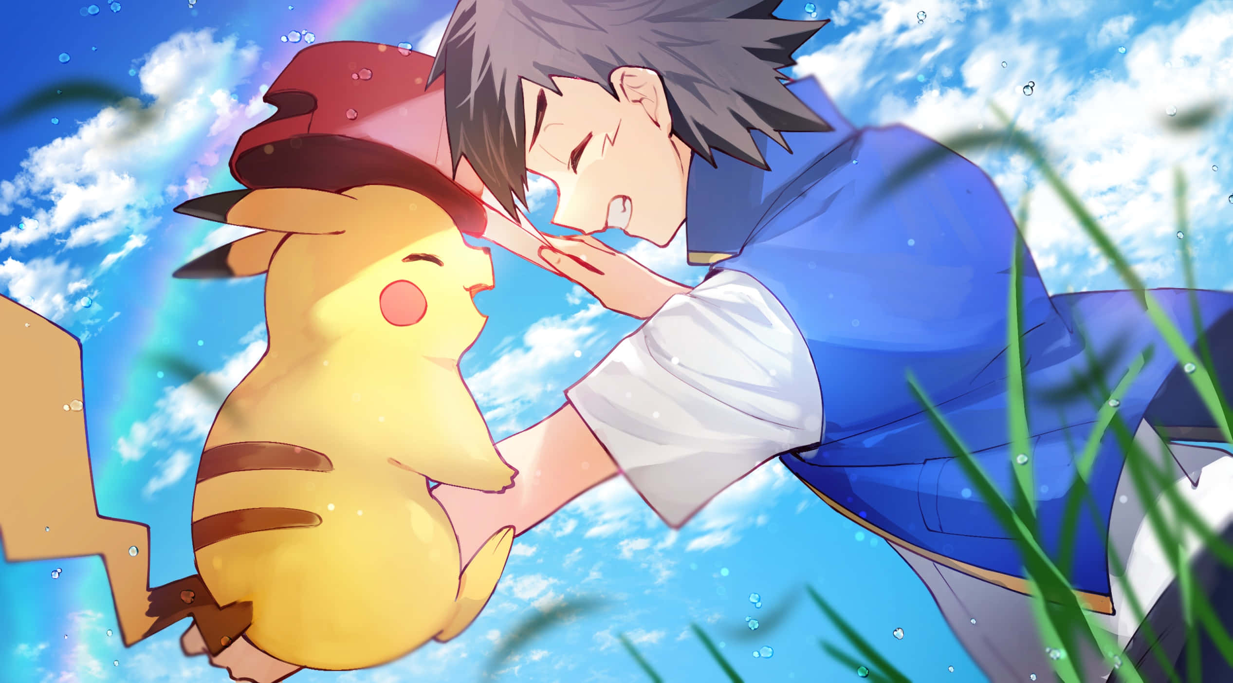 Ash And Pikachu 桌布 壁紙 — 一位年輕訓練員在藍天白雲和彩虹下輕輕觸摸比卡超的臉頰。
