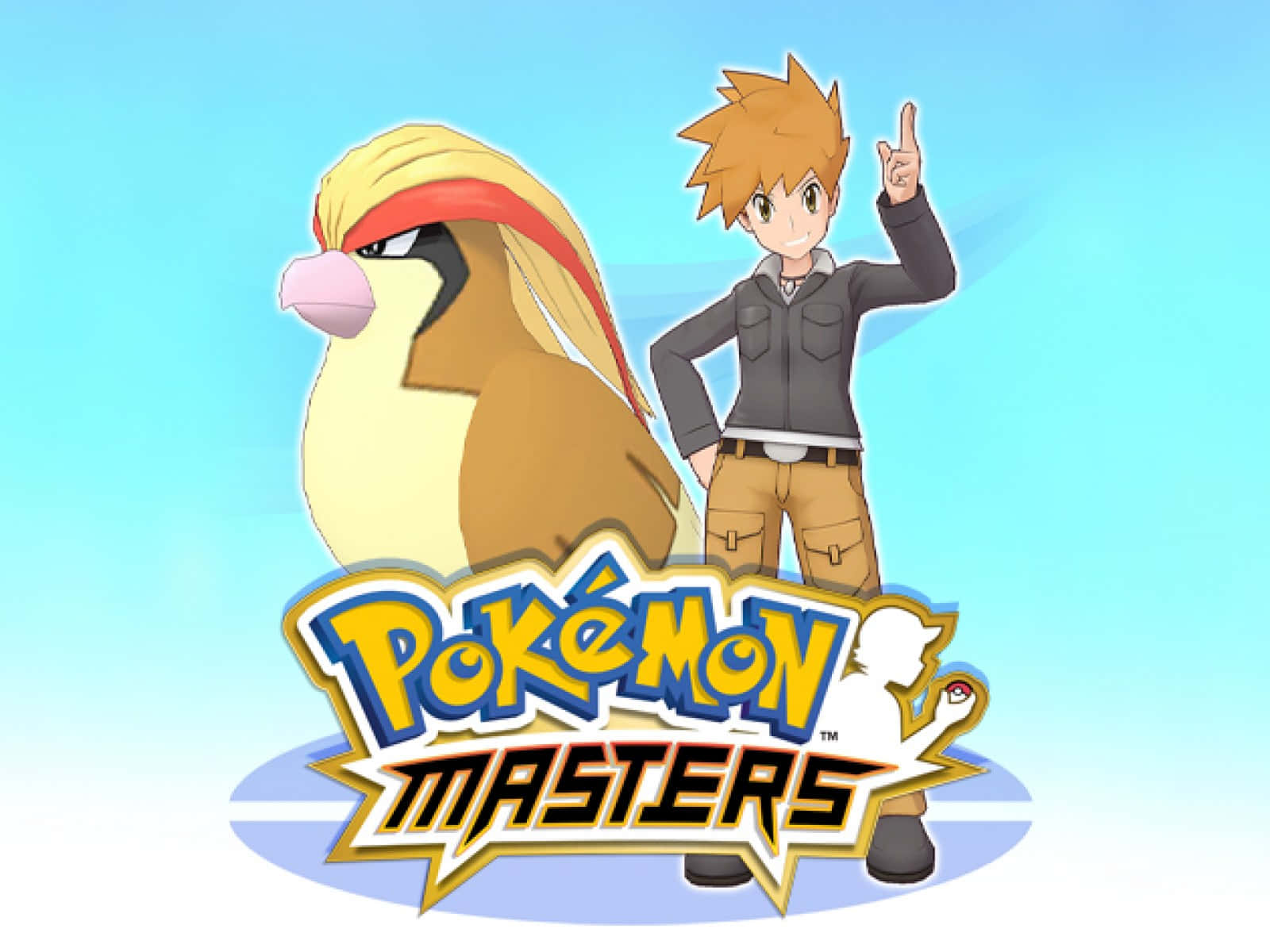 Pokemon Masters 桌布 壁紙 — 一位年輕訓練家和他的鳥類寶可夢自豪地站在寶可夢大師標誌後面，背景是明亮的藍色漸變。