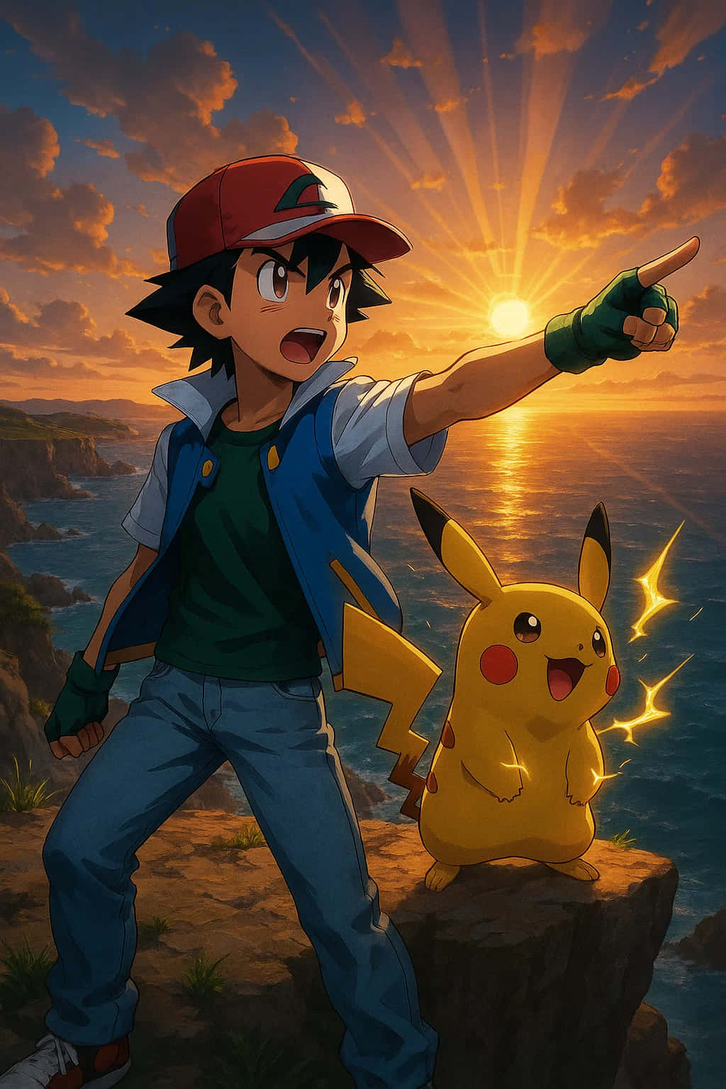 Pikachu HD Wallpaper WEBP 4K Background Download 壁紙 — 一位年輕訓練家和他的黃色電鼠寶可夢站在懸崖上，在日落時興奮地指向發光的地平線。