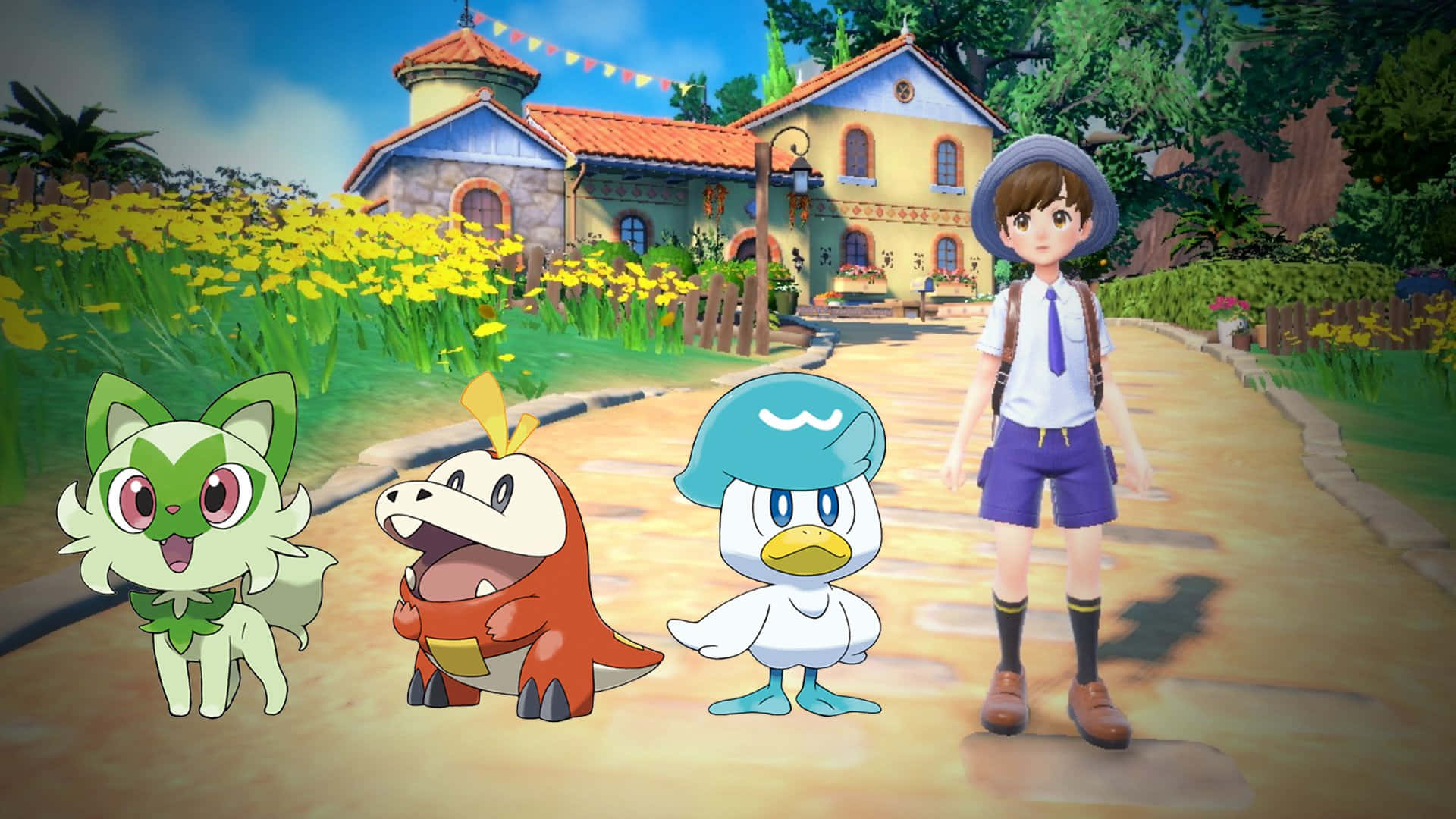 Pokemon Virtual World 桌布 壁紙 — 一位年輕訓練家與三隻色彩繽紛的寶可夢，沿著一條陽光明媚、兩旁種滿黃色花朵和石頭建築的村莊小徑行走。