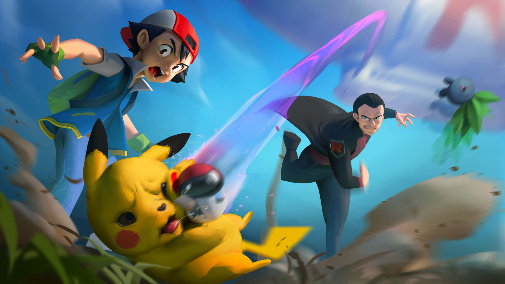 Ash And Pikachu 桌布 壁紙 — 一位年輕訓練家與比卡超在充滿活力的能量效果和飛揚的碎片中與敵人戰鬥的動態動畫場景。