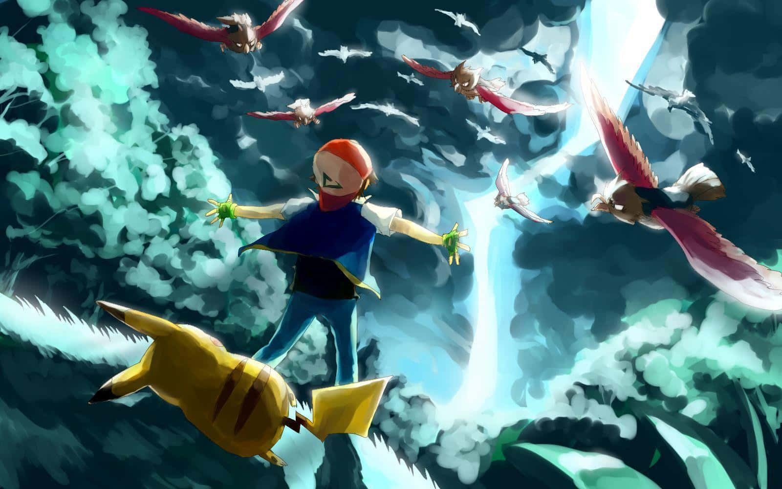 Pokemon Fan Art 桌布 壁紙 — 一位年輕訓練家與比卡超在發光瀑布下，跳過風暴天空，被飛行寶可夢包圍。