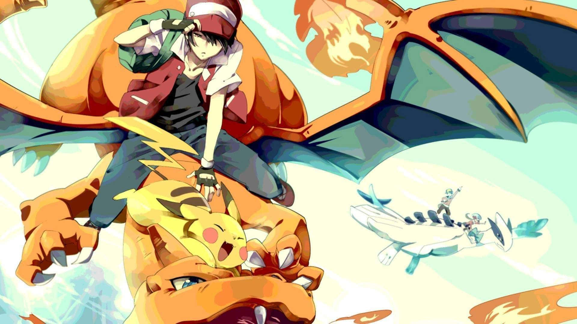 Pokemon Characters 桌布 壁紙 — 一位年輕訓練家騎著火焰龍，而比卡超向前跳躍，構成動態的動畫戰鬥場景。