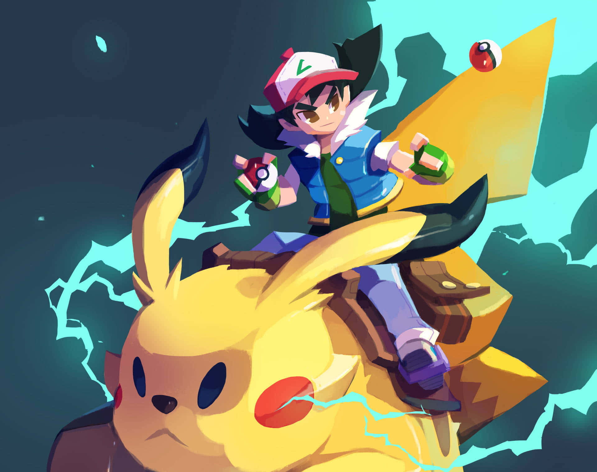 Ash And Pikachu 桌布 壁紙 — 一位年輕訓練家騎著黃色比卡超穿過黑暗的天空，伴隨著電光藍色閃電和漂浮的精靈球。