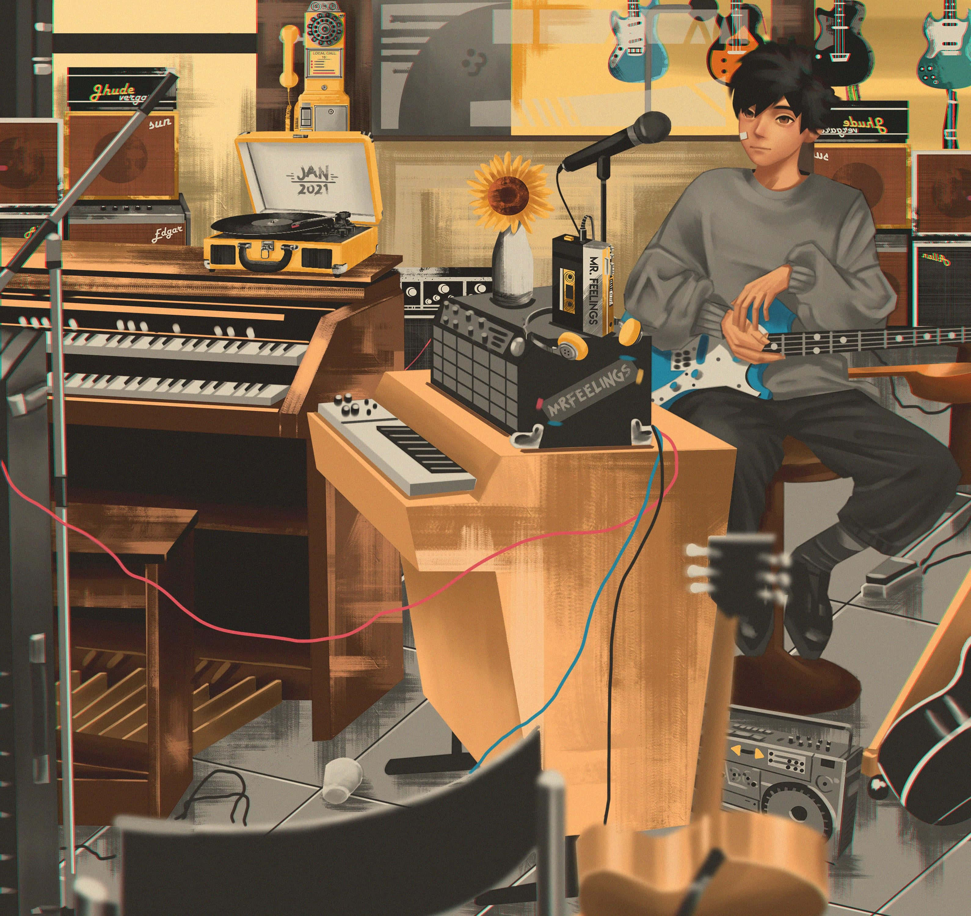 音樂美學 桌布 壁紙 — 一位年輕音樂家在雜亂的復古音樂工作室中彈奏電結他，工作室內充滿了復古擴音器、鍵盤和一朵向日葵。