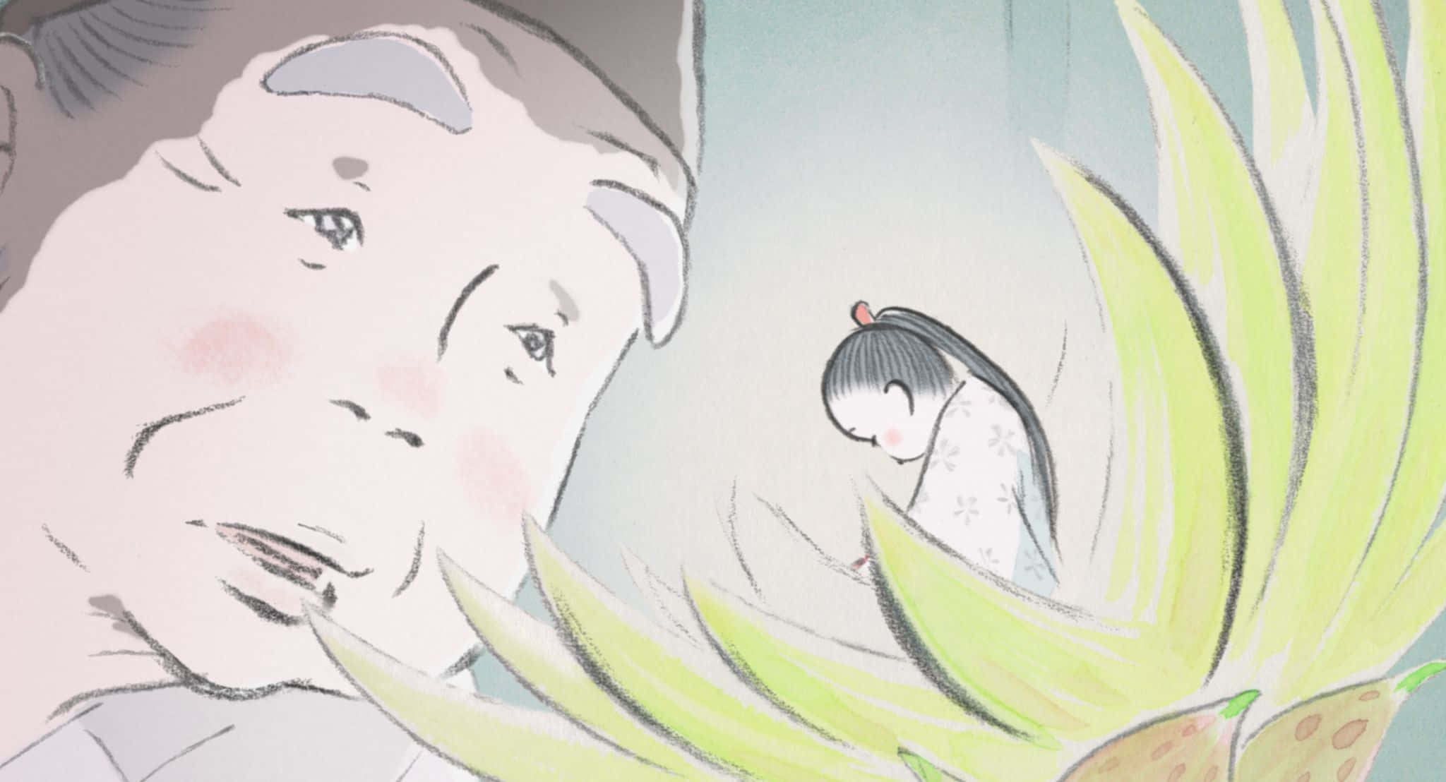 The Tale Of The Princess Kaguya 桌布 壁紙 — 一位年長女性溫柔地凝視著一個依偎在柔軟綠葉中的小孩，這是一幅柔和的水彩插畫。