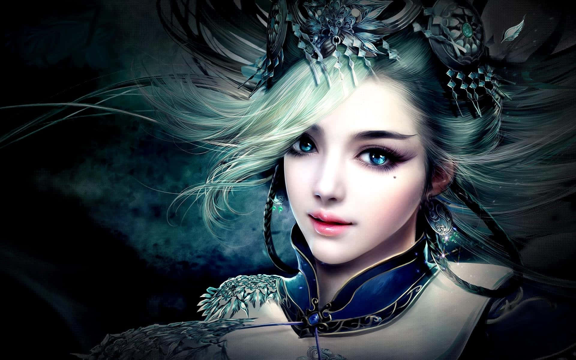 3d Fantasy 桌布 壁紙 — 一位幻想動畫女性，擁有飄逸的青綠色頭髮和華麗的頭飾，在黑暗迷霧的背景中凝視前方。