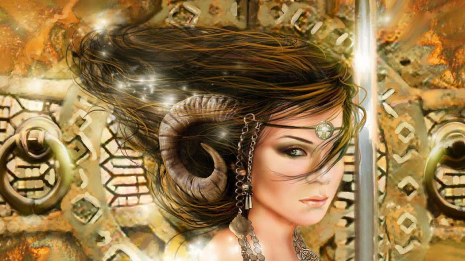 aries 桌布 壁紙 — 一位幻想女性，頭上有公羊角，頭髮飄逸，站在華麗的金色大門前，大門散發著神秘的光芒。