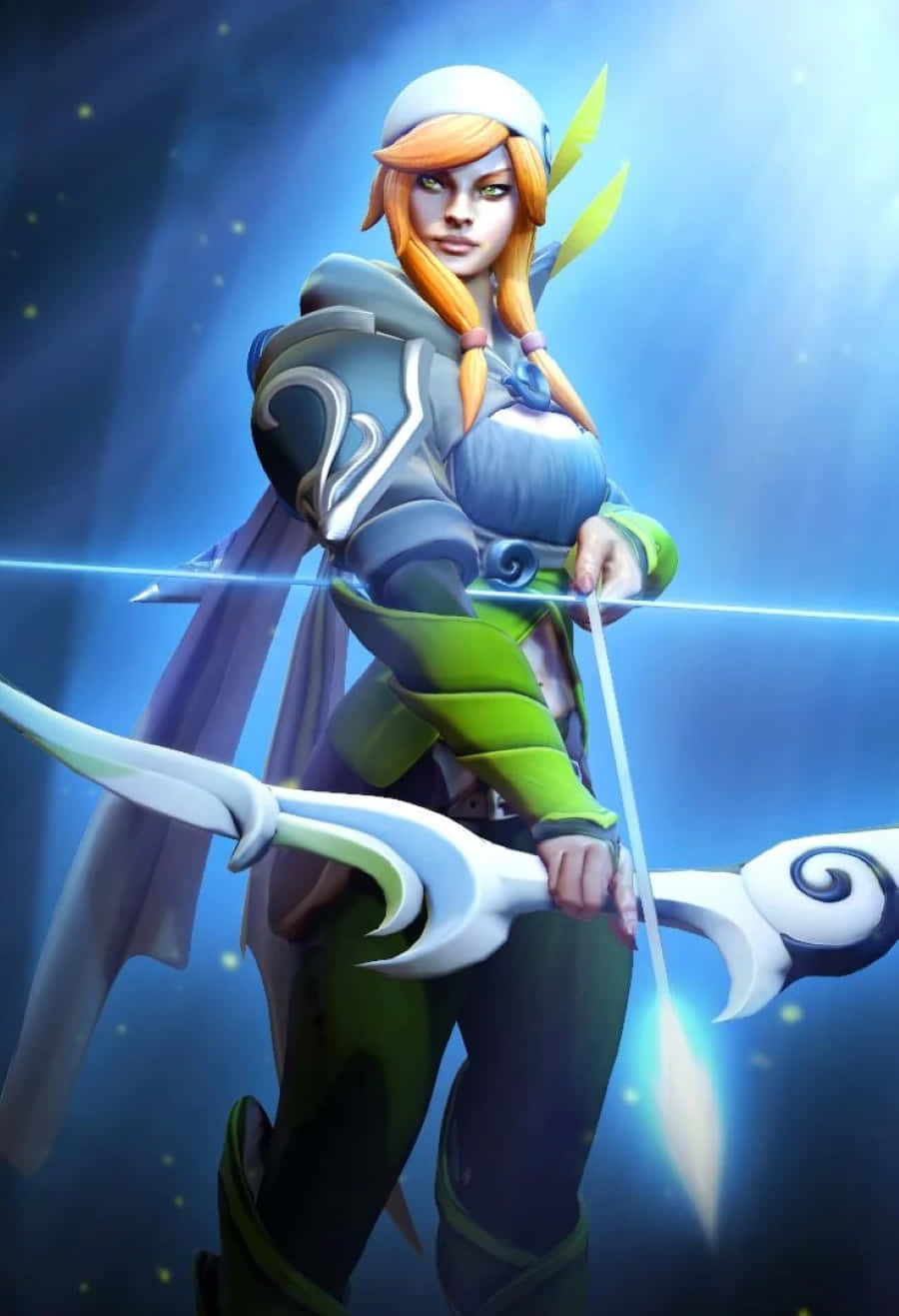 Windranger 桌布 壁紙 — 一位幻想弓箭手，橙色辮子，發光藍色箭矢，在星光藍色背景前蓄勢待發。