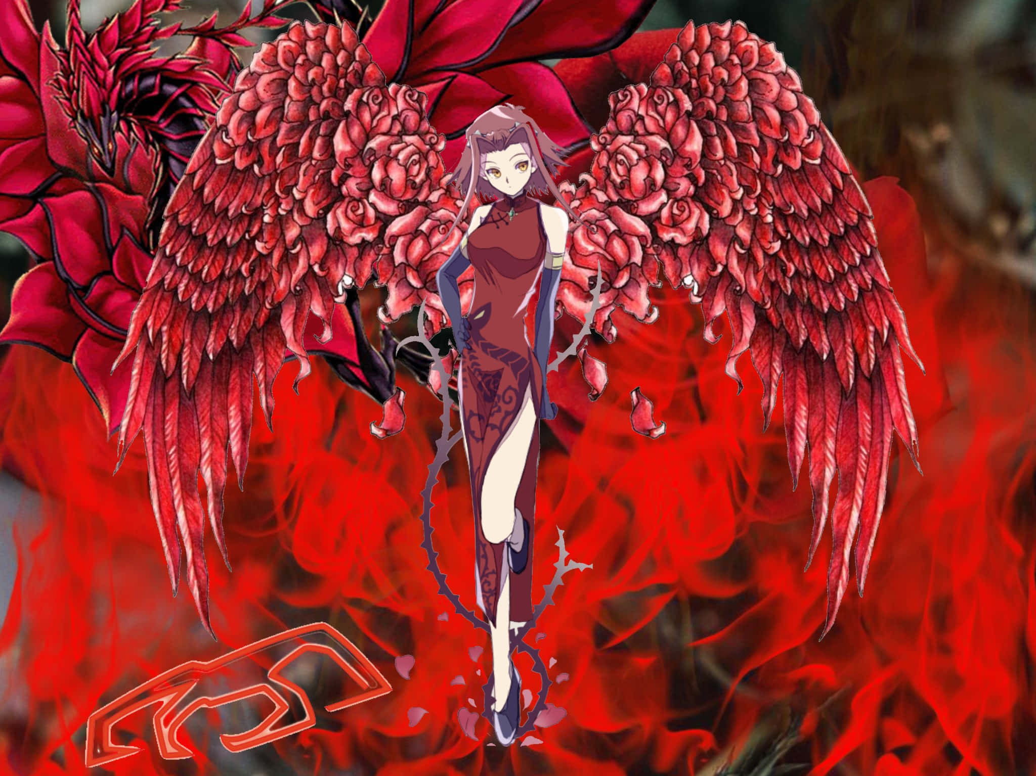 Akiza Izinski 桌布 壁紙 — 一位引人注目的動漫女孩，擁有深紅色的玫瑰翅膀，站在旋轉的紅色火焰和深色花瓣之中。