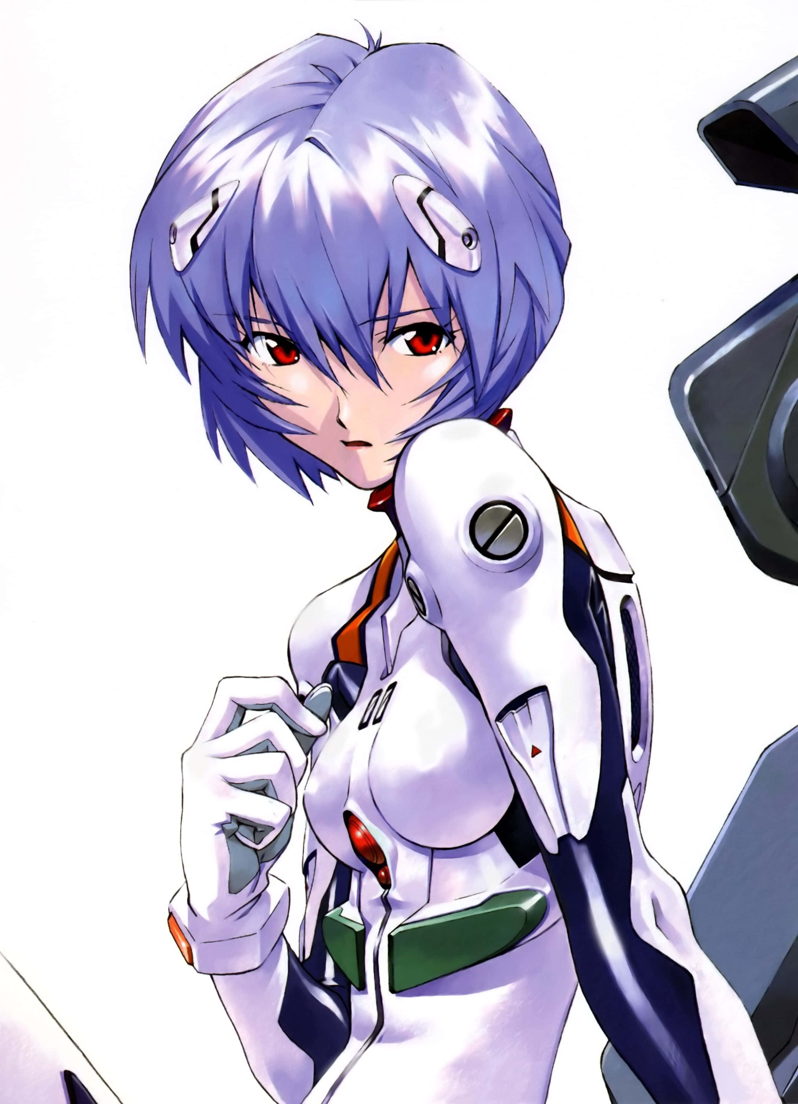 rei ayanami 桌布 壁紙 — 一位引人注目的動漫女孩，紫色短髮，紅眼睛，穿著白色和橙色的裝甲服，背景是純白色。