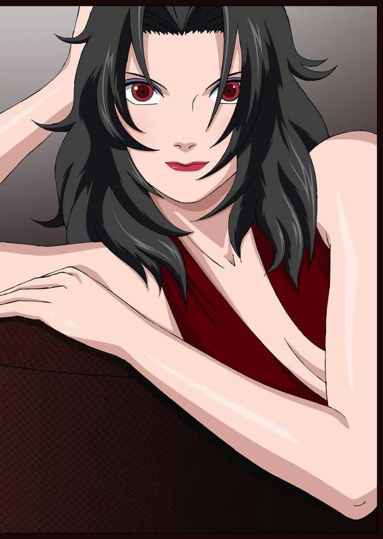 Kurenai Yuhi 桌布 壁紙 — 一位引人注目的動漫女性，擁有長長的黑髮和強烈的紅眼睛，穿著紅色上衣，在深色背景前向前傾。
