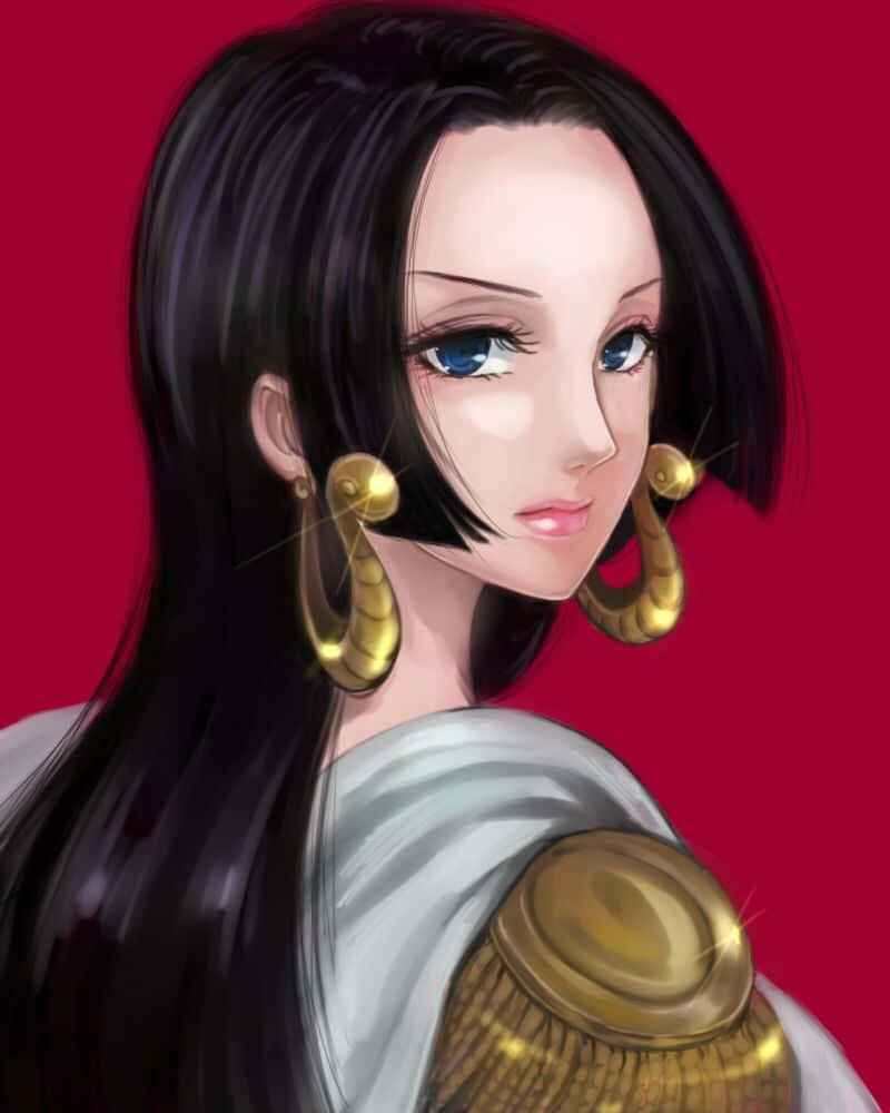 boa hancock 桌布 壁紙 — 一位引人注目的動漫女性，黑髮藍眼，戴著金色耳環，身穿白色長袍，背景是鮮紅色。