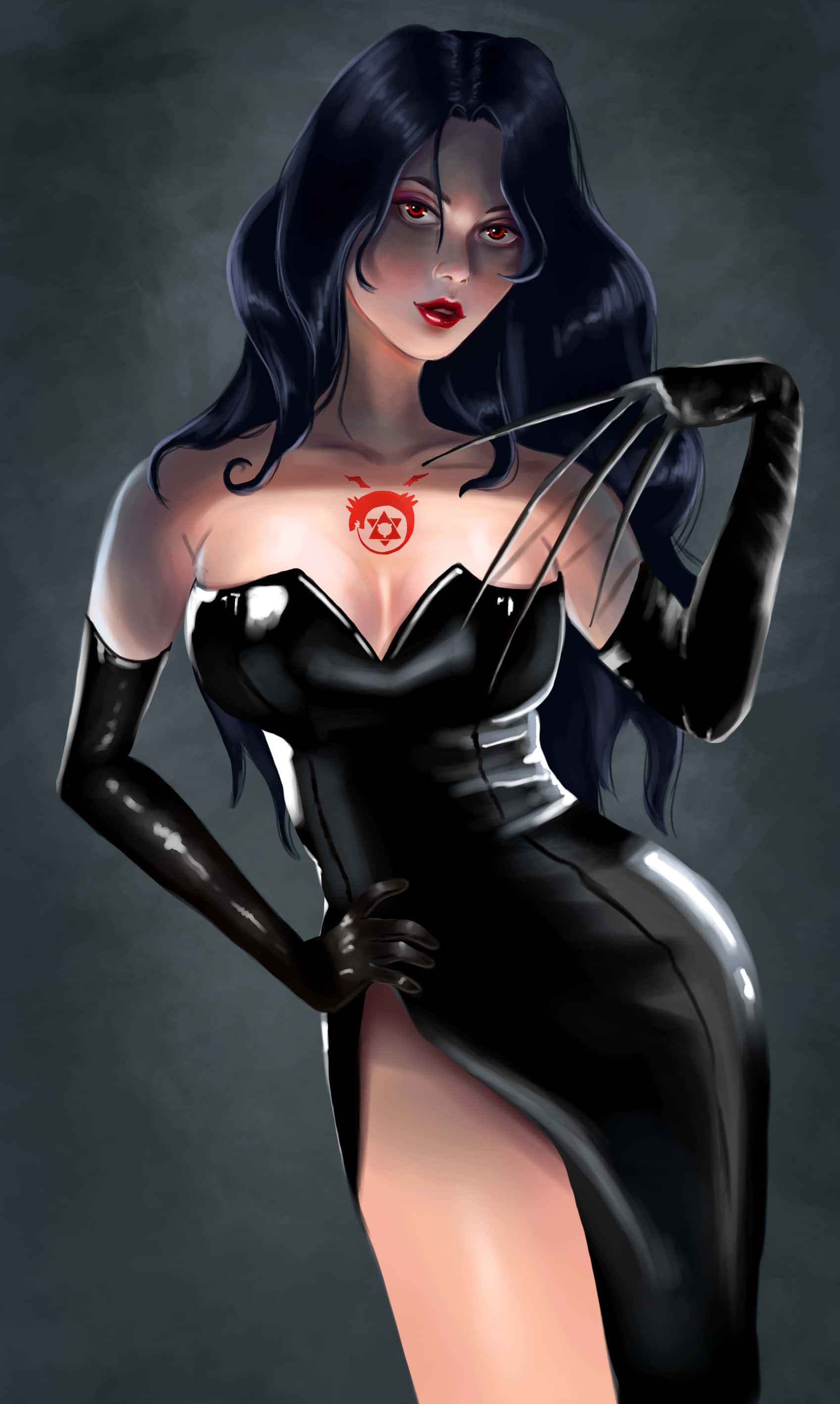 Fullmetal Alchemist Lust 桌布 壁紙 — 一位引人注目的動漫風格女性，擁有黑色長髮和紅色眼睛，穿著帶有爪手套的亮黑色服裝，胸前有紅色星星紋身。