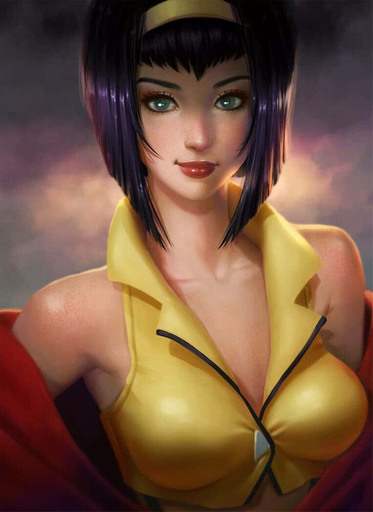 Faye Valentine 桌布 壁紙 — 一位引人注目的動漫風格女性，短黑髮和綠色眼睛，穿著閃亮的黃色上衣，背景是憂鬱的黃昏天空。
