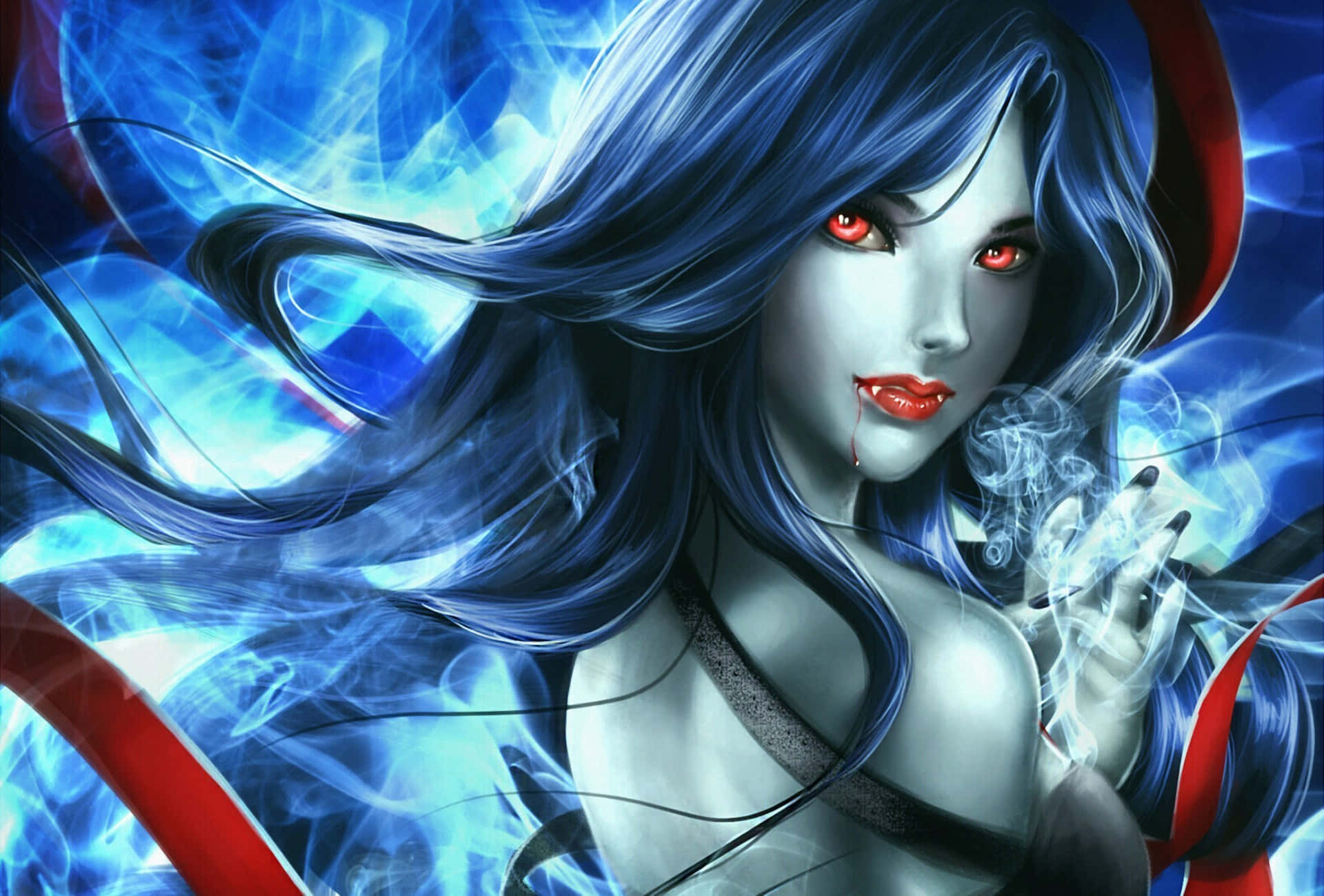 Dark Vampire 桌布 壁紙 — 一位引人注目的動漫風格女性，藍色頭髮和紅色眼睛，在旋轉的藍色和紅色能量背景中抽煙。