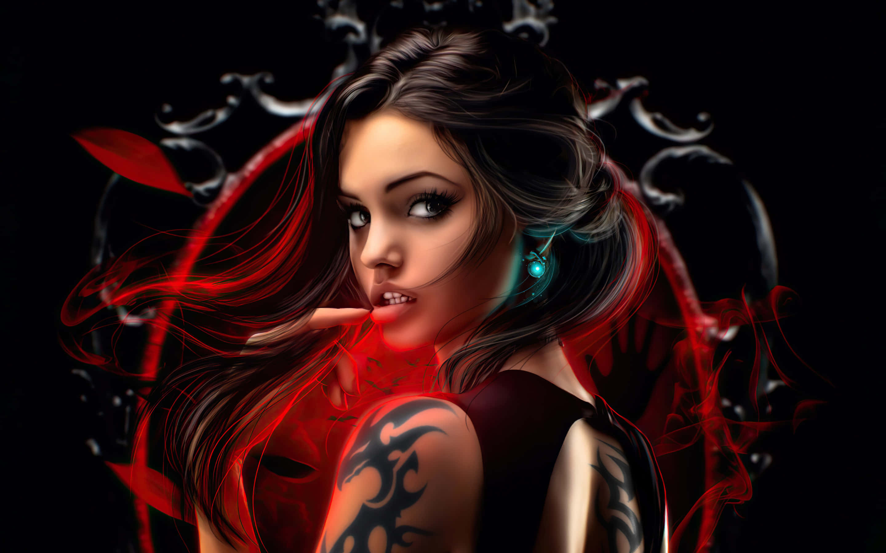 Dark Vampire 桌布 壁紙 — 一位引人注目的動漫風格女性，身上有紋身和發光的耳環，被旋轉的紅色能量包圍在黑暗背景中。