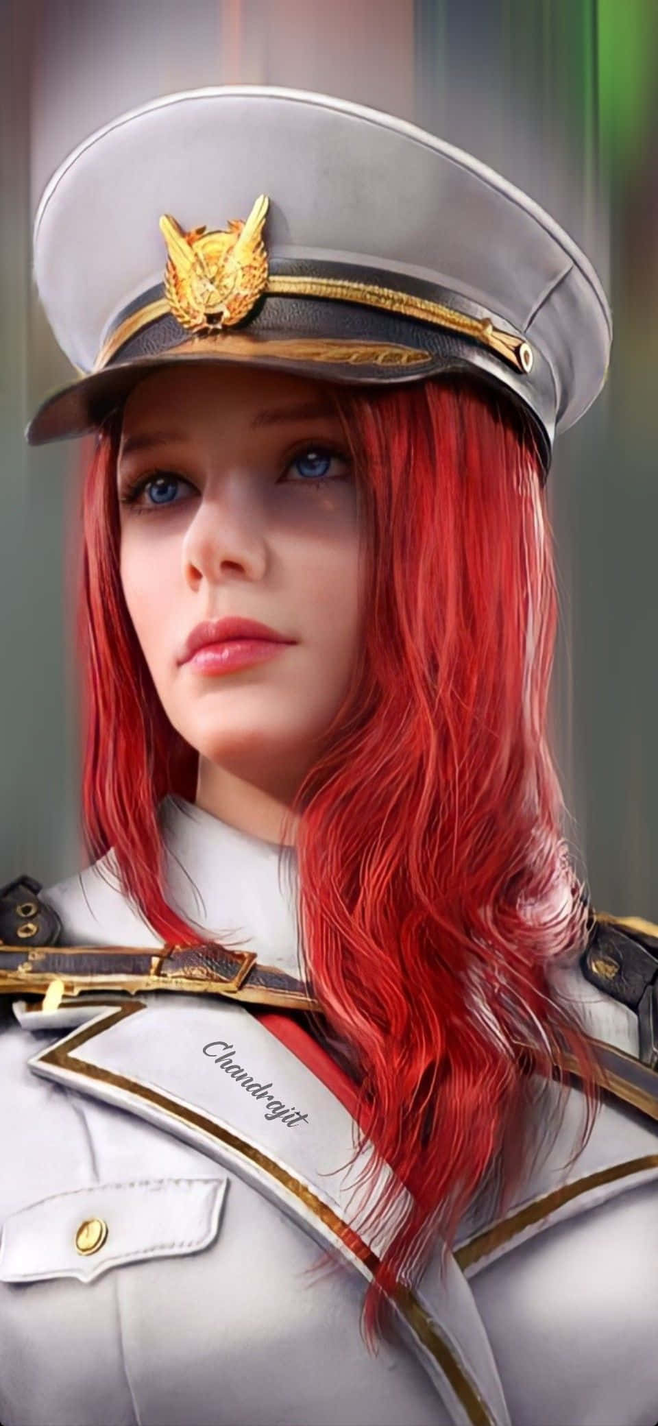 Call Of Duty Mobile 桌布 壁紙 — 一位引人注目的動漫風格女軍官，擁有鮮豔的紅髮和藍眼睛，穿著帶有金色裝飾的詳細白色制服和帽子。