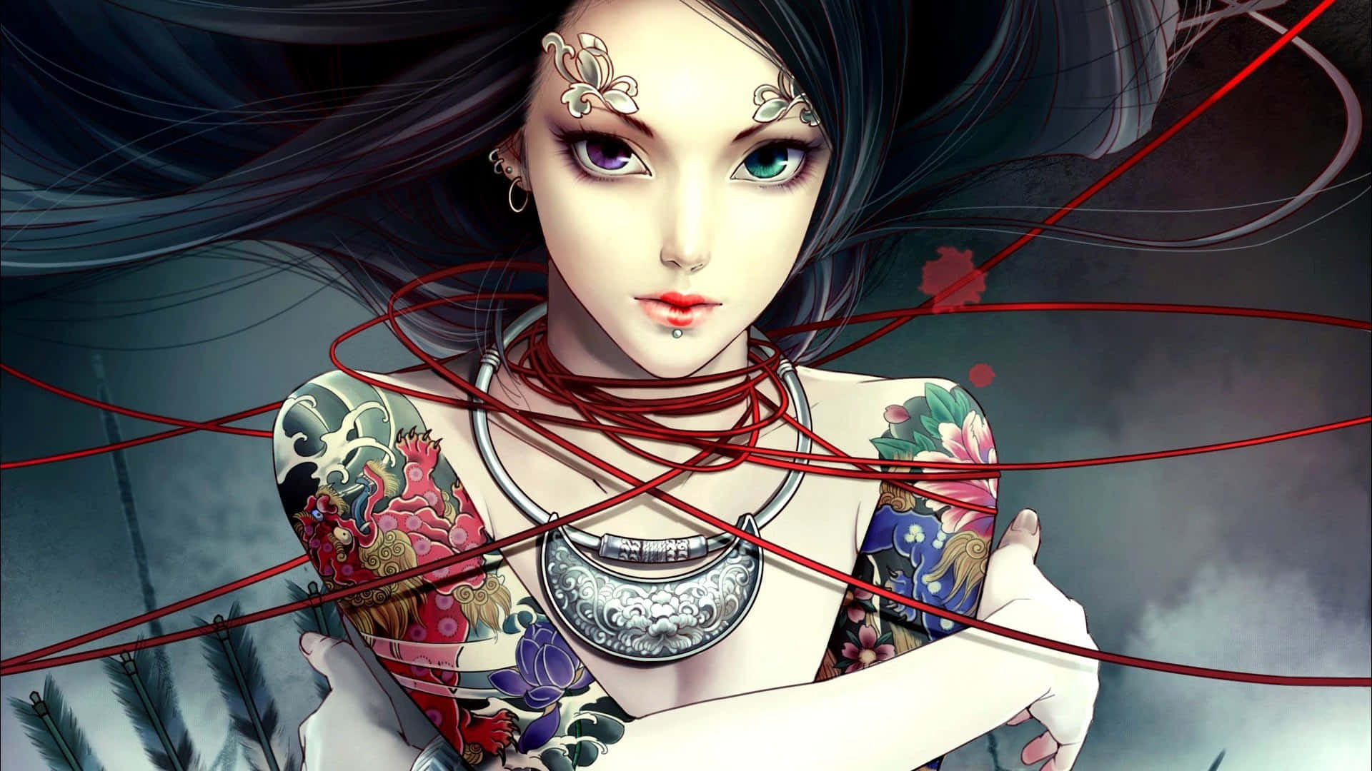 Halloween Tattoos 桌布 壁紙 — 一位引人注目的動畫女性，擁有異色瞳和華麗的紋身，被紅繩纏繞在暴風雨背景中。